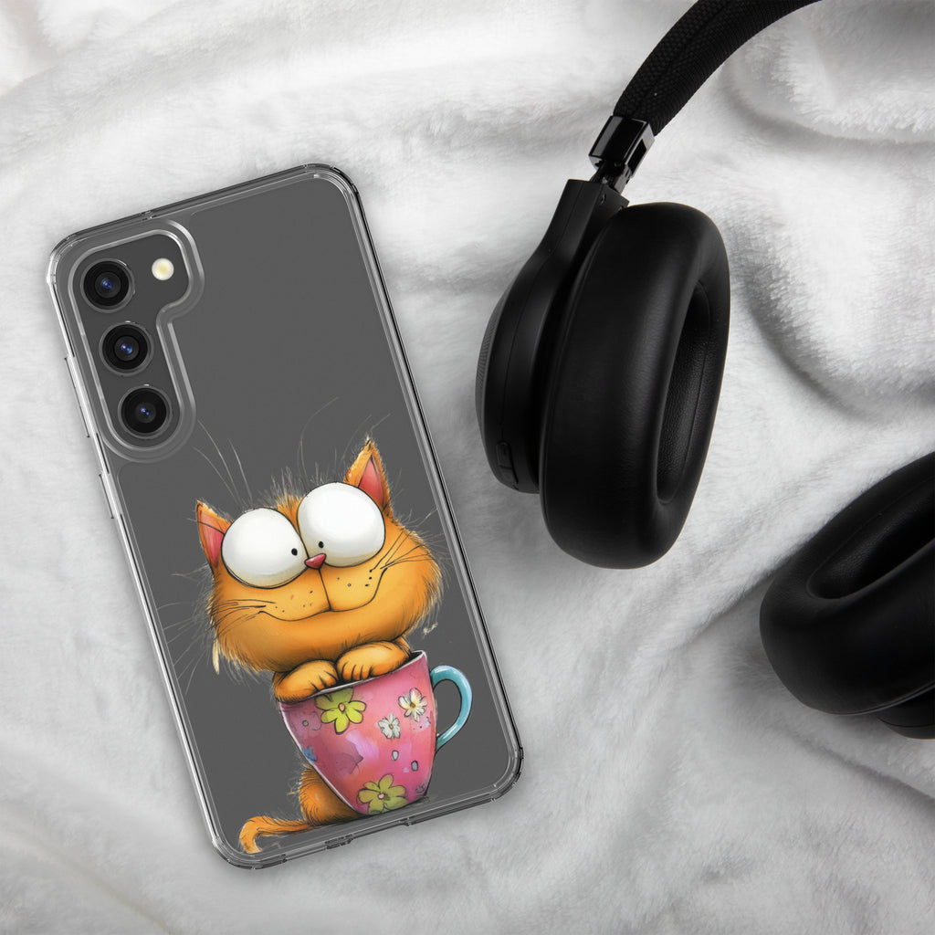 Cute Cat in a Cup Clear Case for Samsung Galaxy S23 Plus – Playful Illustrated Protective Cover