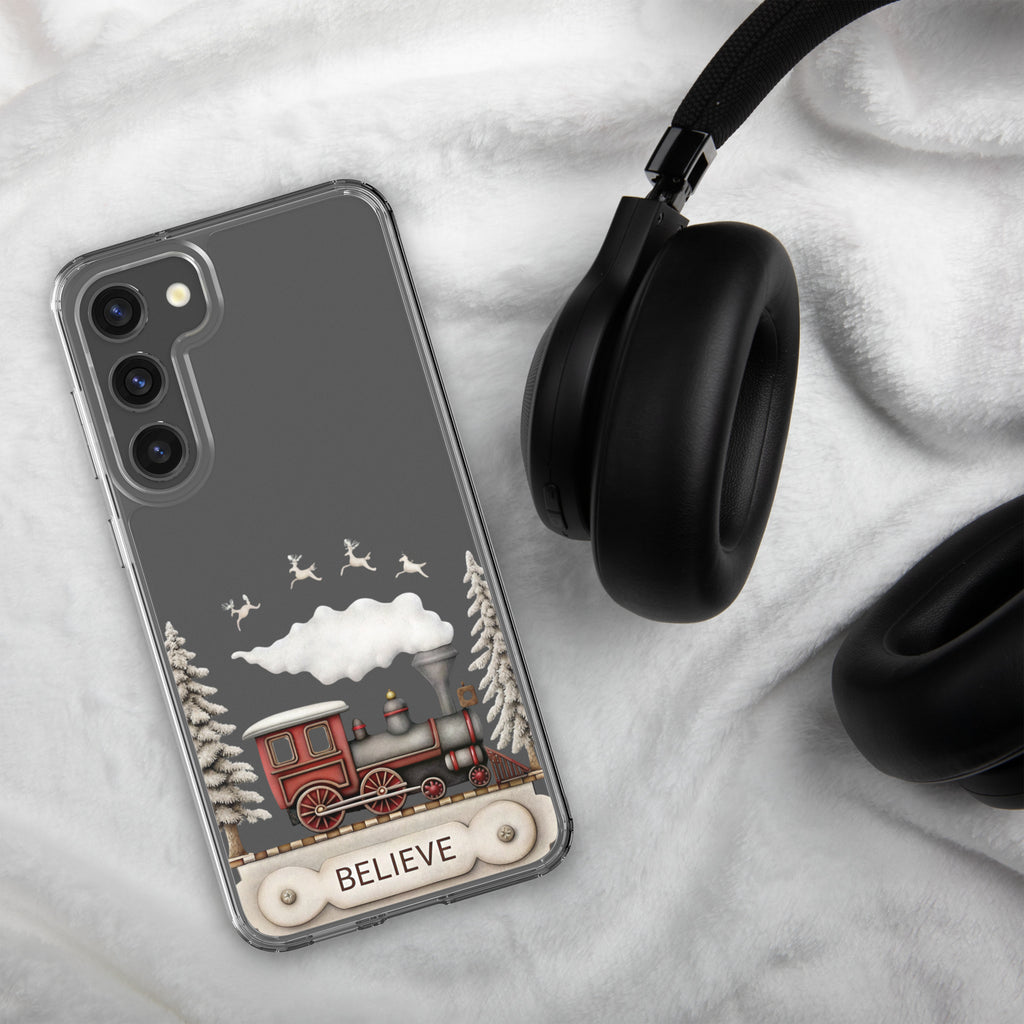 Believe Winter Train Clear Case for Samsung Galaxy S23 Plus – Minimal Christmas Protective Cover
