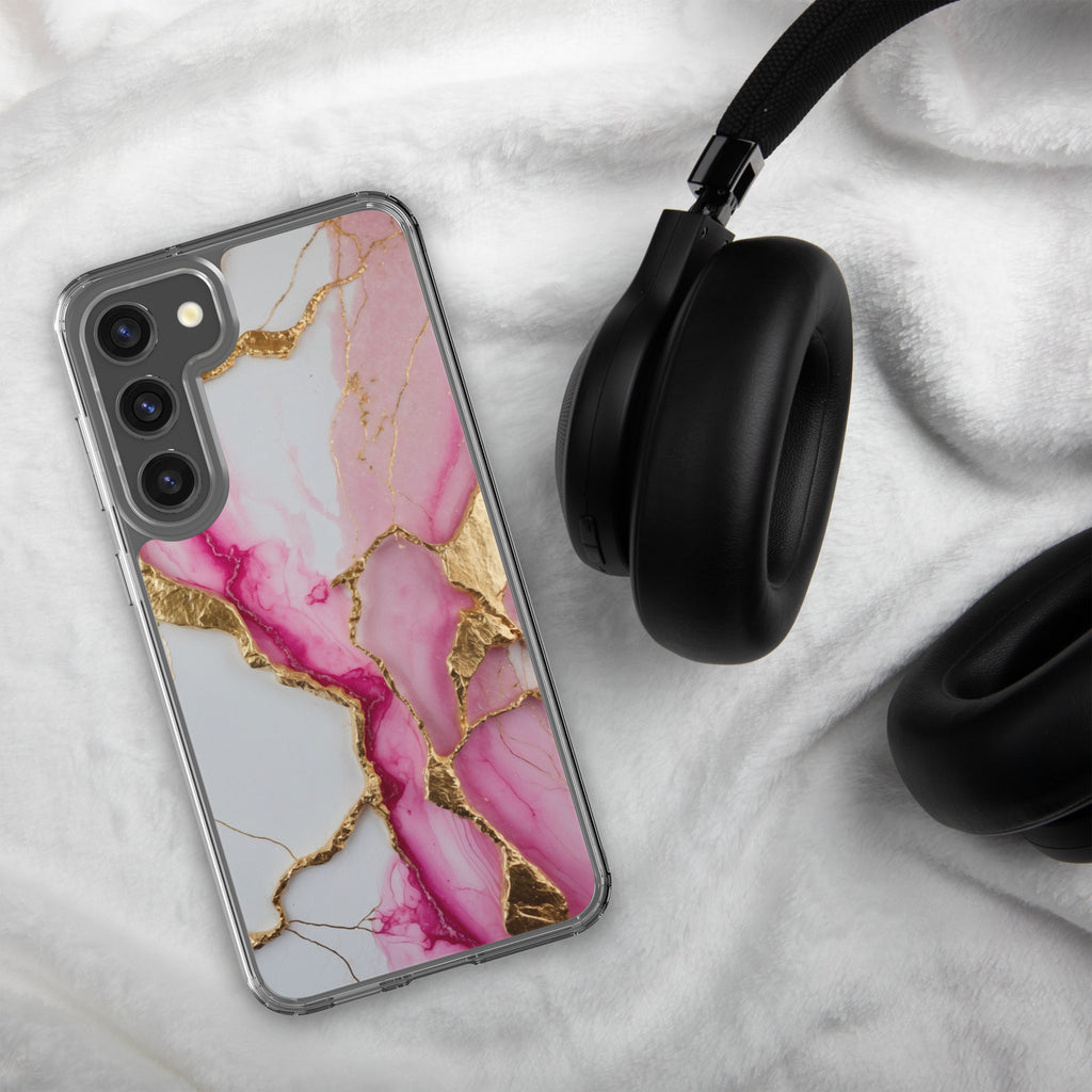 Pink Marble Gold Veins Clear Case for Samsung Galaxy S23 Plus – Elegant Stone Protective Cover