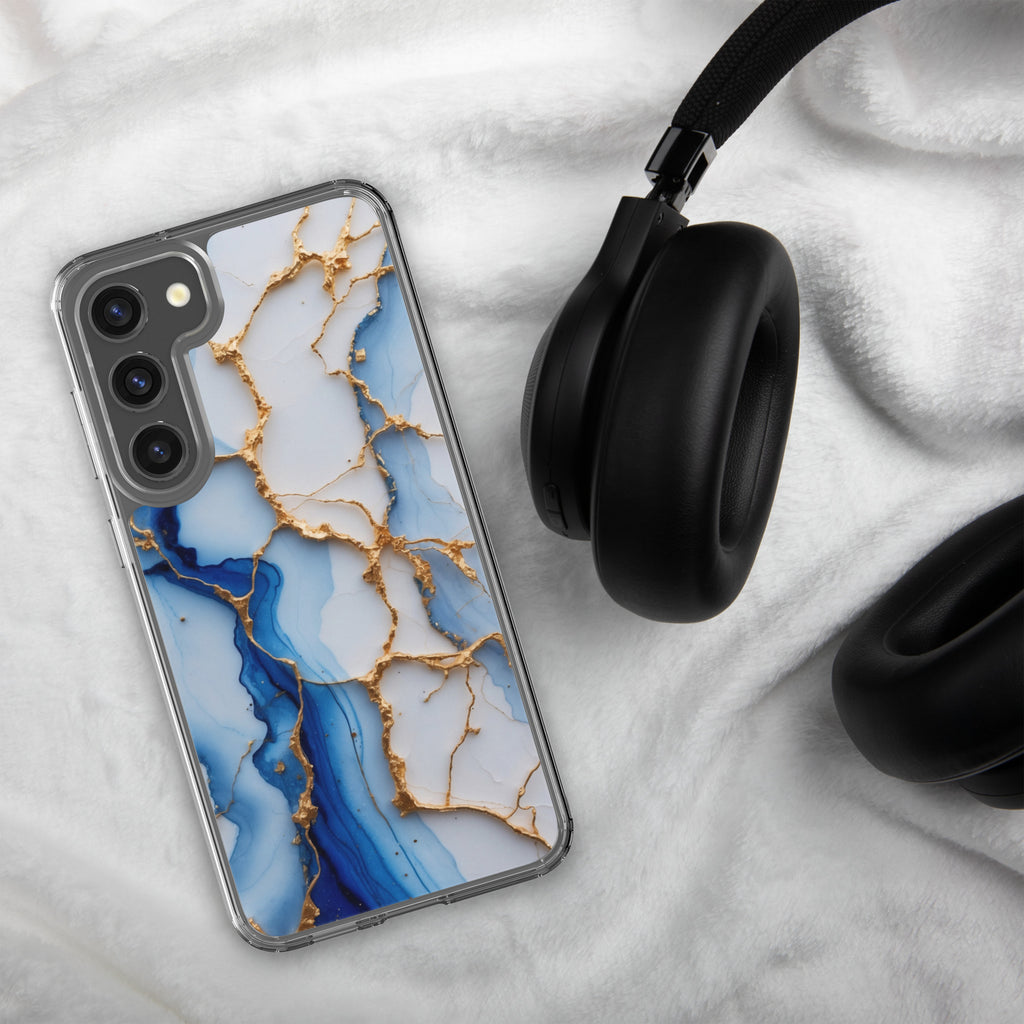 Blue Marble Gold Veins Clear Case for Samsung Galaxy S23 Plus – Elegant Stone Protective Cover