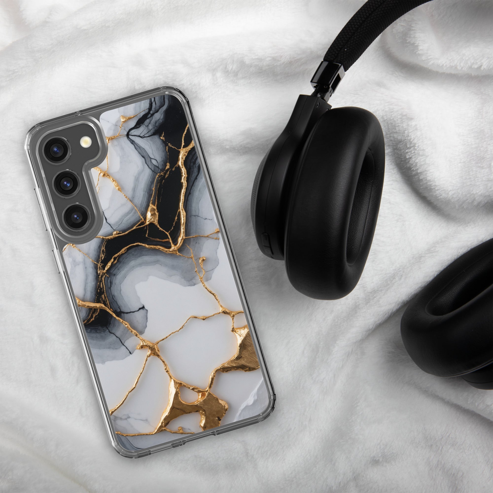 Black & White Marble Gold Clear Case for Samsung Galaxy S23 Plus – Elegant Marble Protective Cover