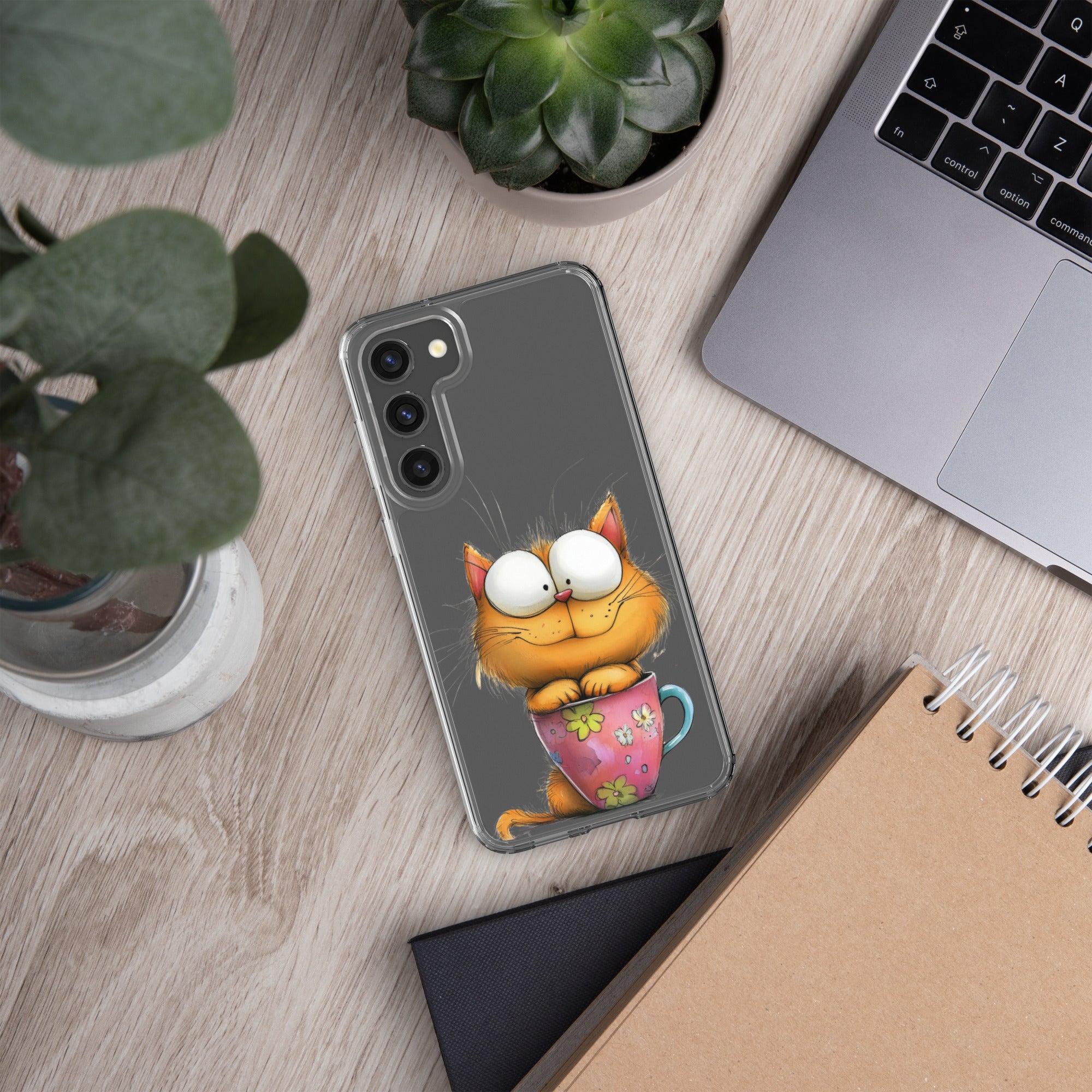 Cute Cat in a Cup Clear Case for Samsung Galaxy S23 Plus – Playful Illustrated Protective Cover