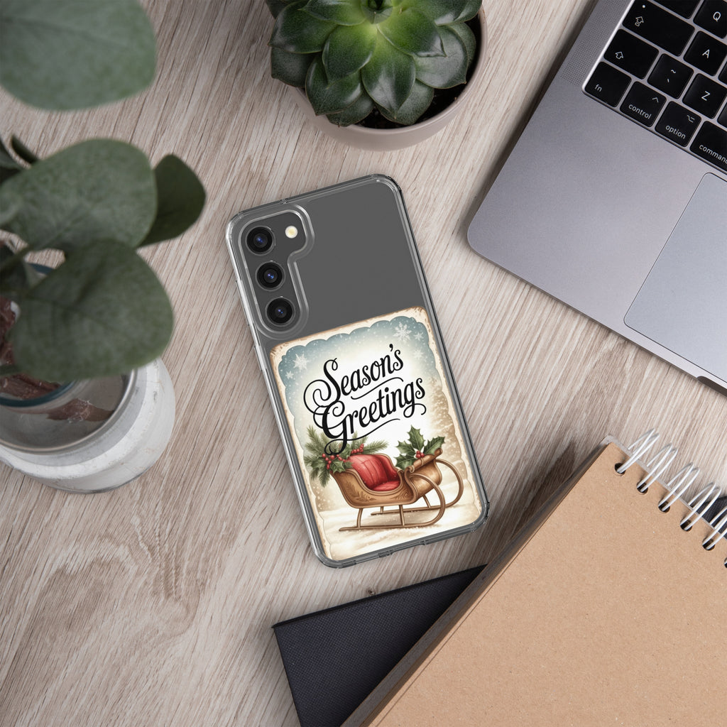 Season’s Greetings Sleigh Clear Case for Samsung Galaxy S23 Plus – Vintage Christmas Protective Cover