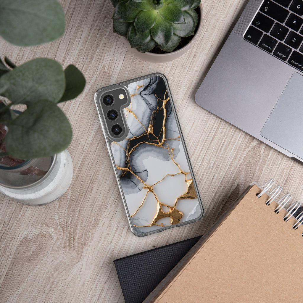 Black & White Marble Gold Clear Case for Samsung Galaxy S23 Plus – Elegant Marble Protective Cover