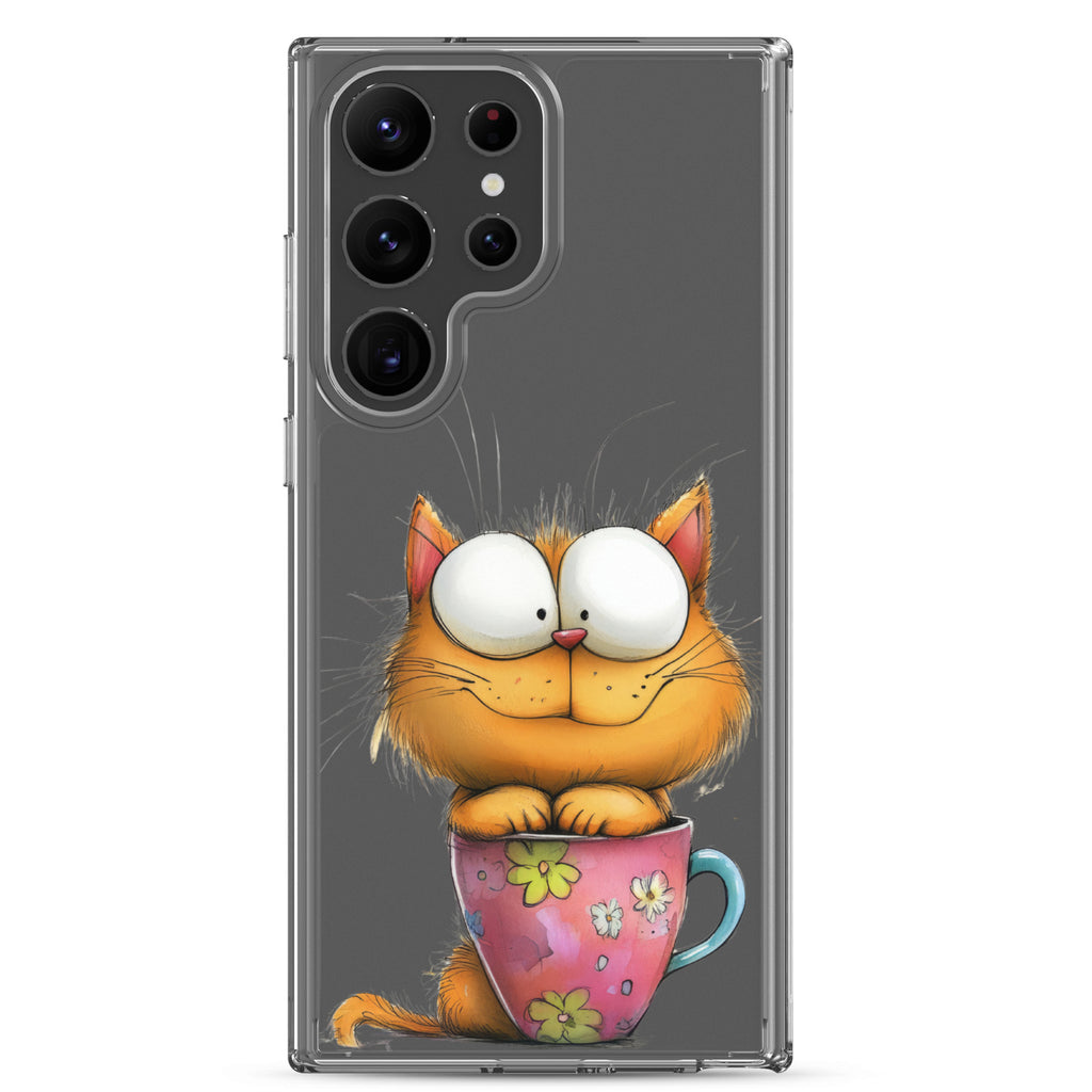 Cute Cat in a Cup Clear Case for Samsung Galaxy S23 Ultra – Playful Illustrated Protective Cover