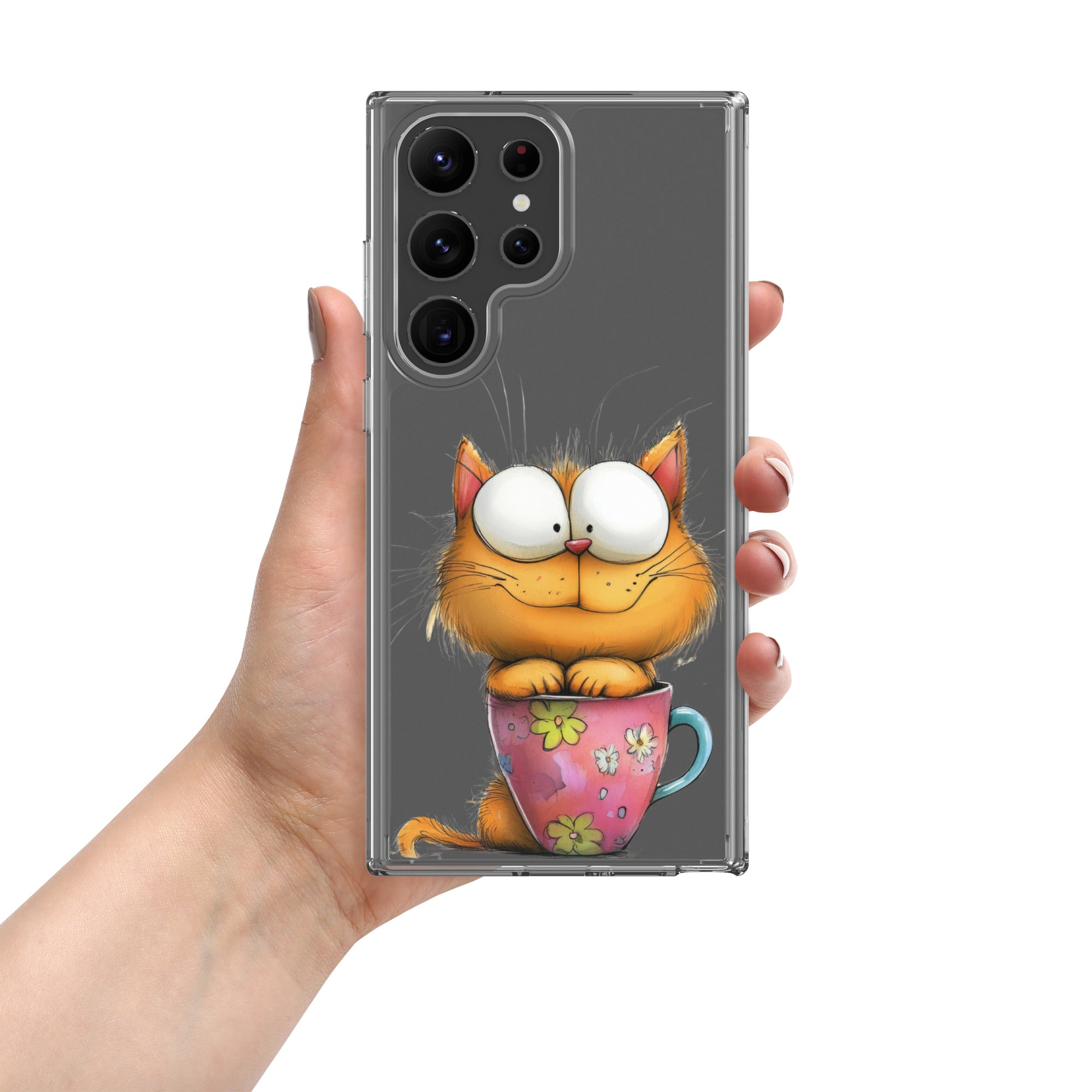 Cute Cat in a Cup Clear Case for Samsung Galaxy S23 Ultra – Playful Illustrated Protective Cover