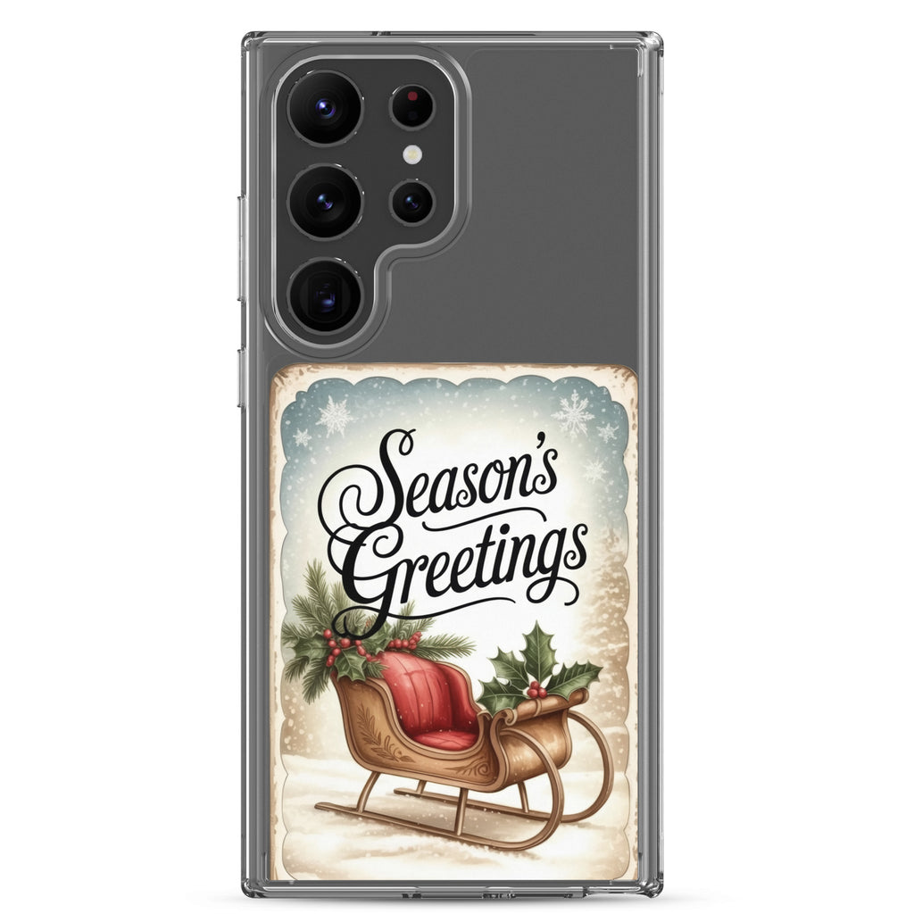 Season’s Greetings Sleigh Clear Case for Samsung Galaxy S23 Ultra – Vintage Christmas Protective Cover