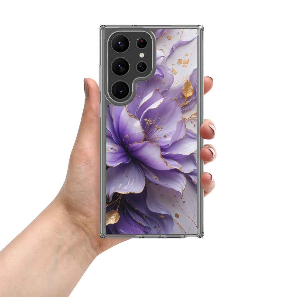 Purple Floral Gold Clear Case for Samsung Galaxy S23 Ultra – Elegant Flower Protective Cover