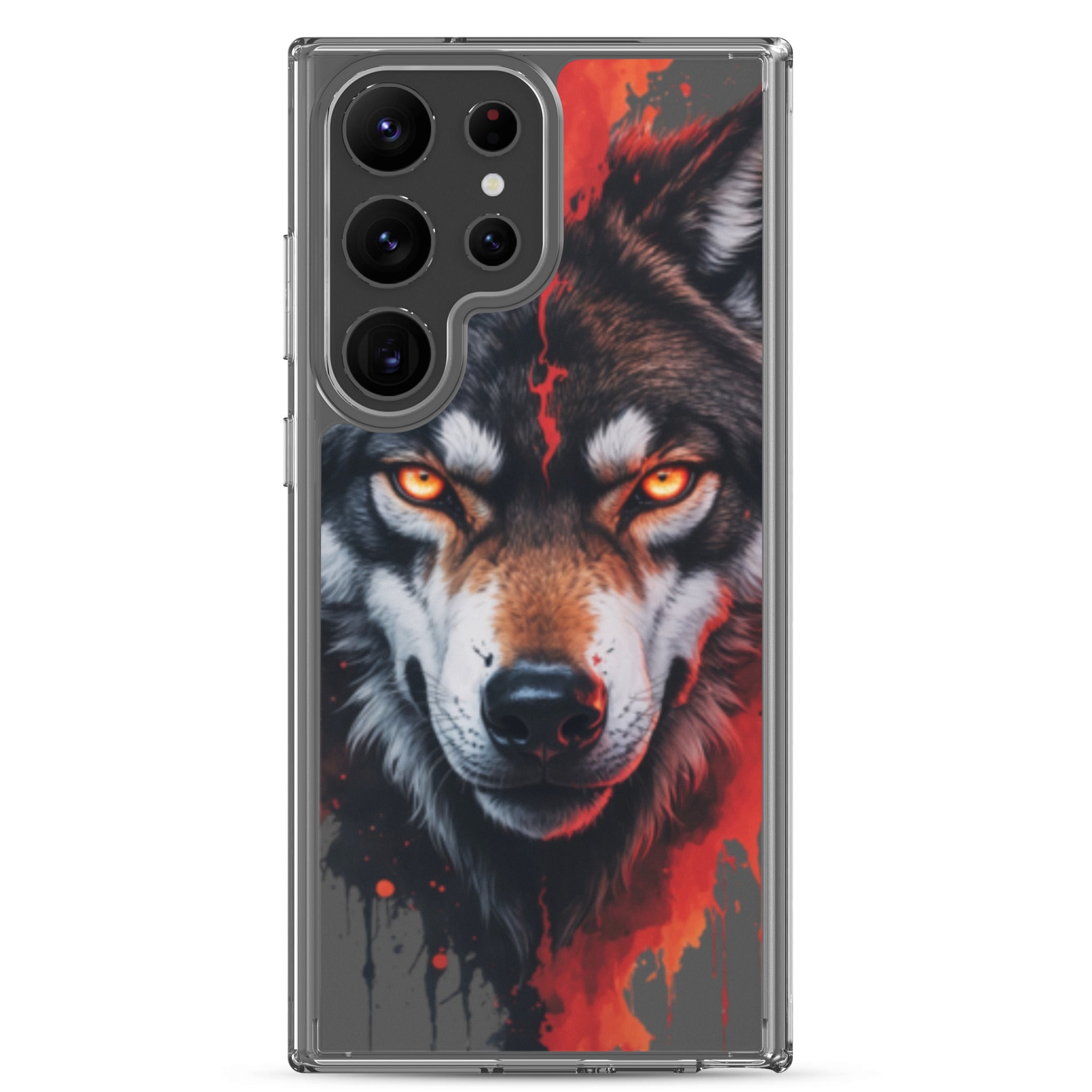 Fierce Wolf Portrait Clear Case for Samsung Galaxy S23 Ultra – Dark Animal Art Protective Cover