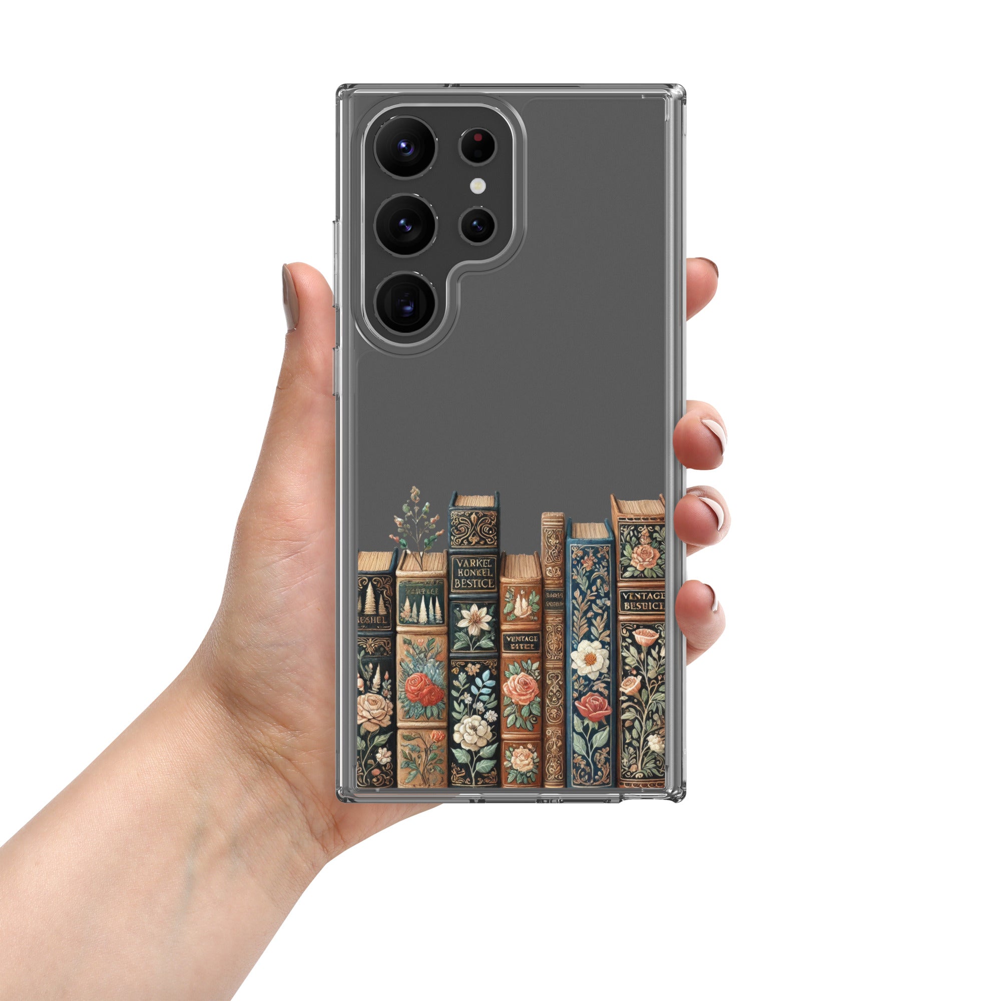 Vintage Floral Books Clear Case for Samsung Galaxy S23 Ultra – Elegant Library-Inspired Protective Cover