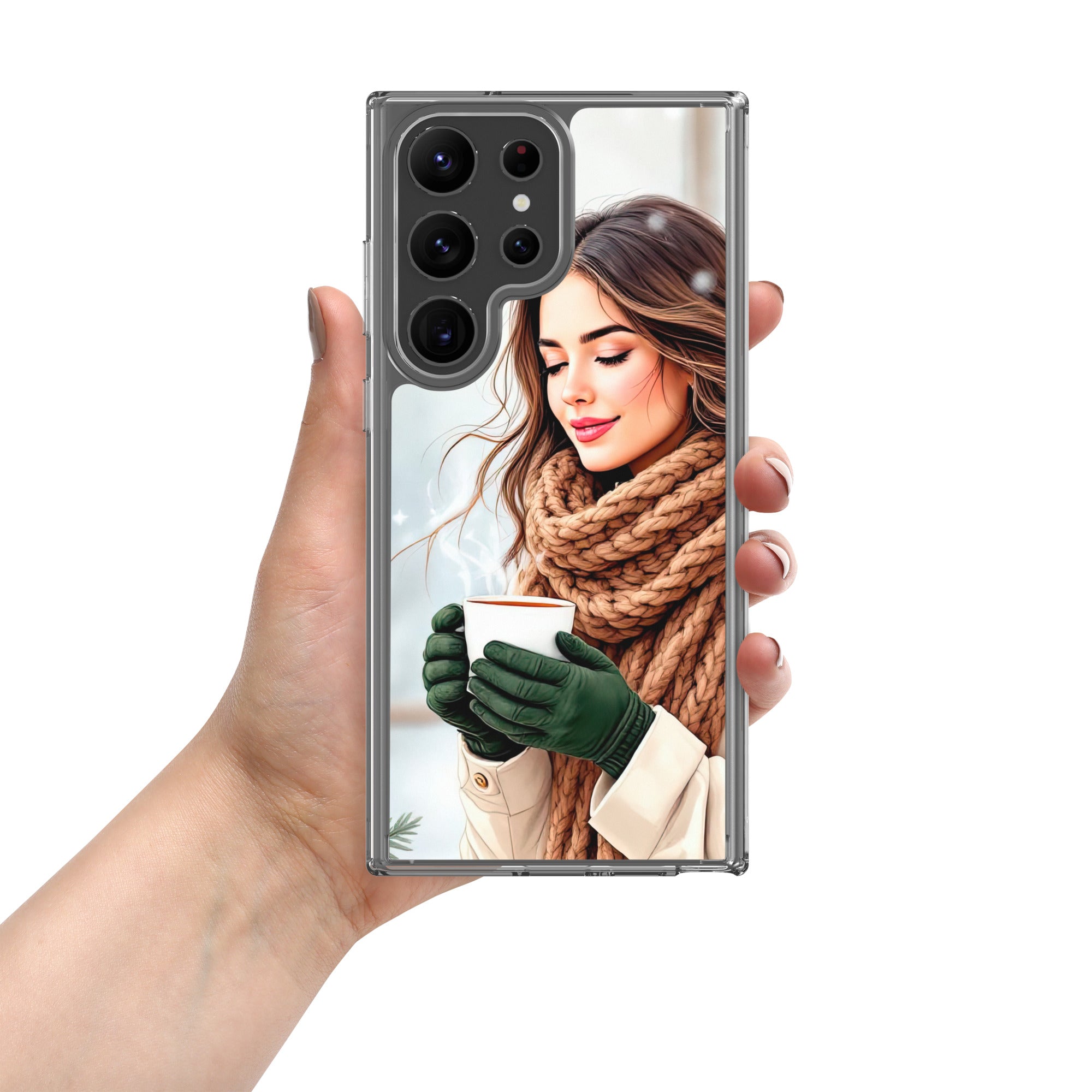 Winter Coffee Moment Clear Case for Samsung Galaxy S23 Ultra – Cozy Portrait Protective Cover