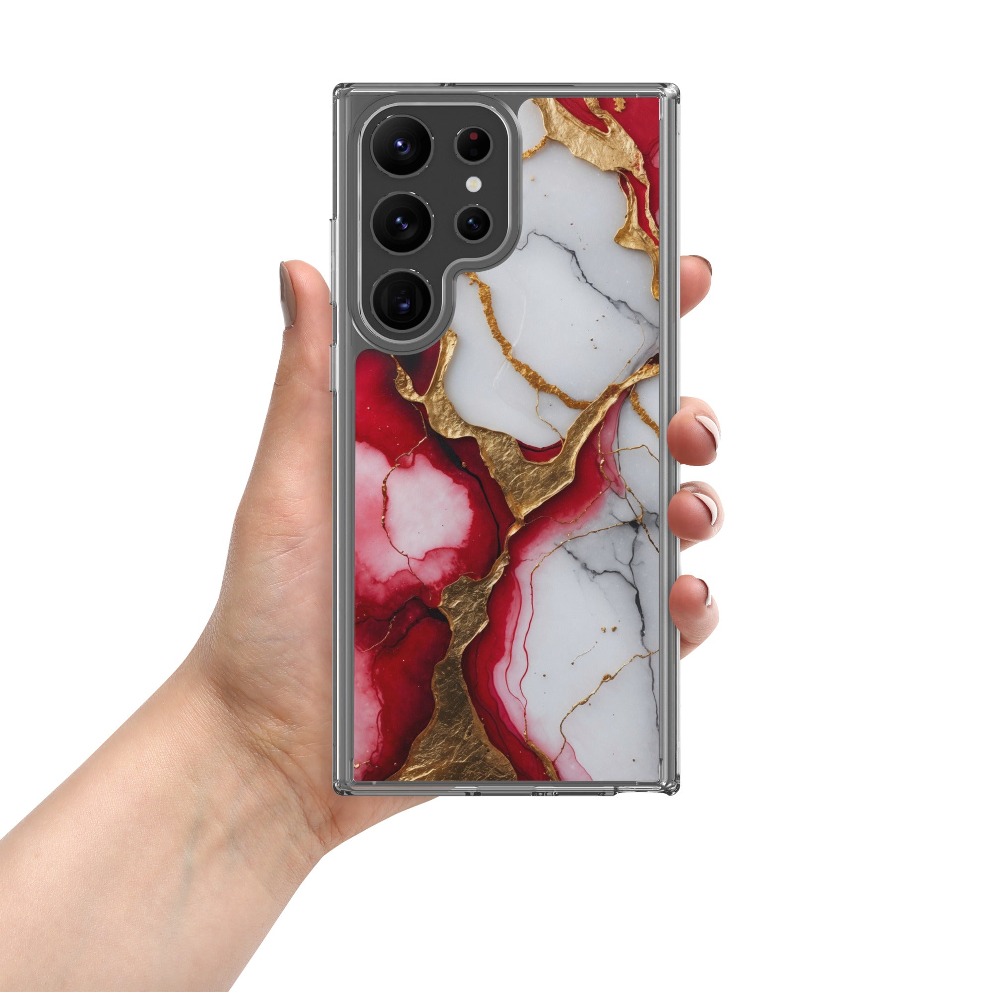 Red Marble Gold Veins Clear Case for Samsung Galaxy S23 Ultra – Luxury Abstract Protective Cover