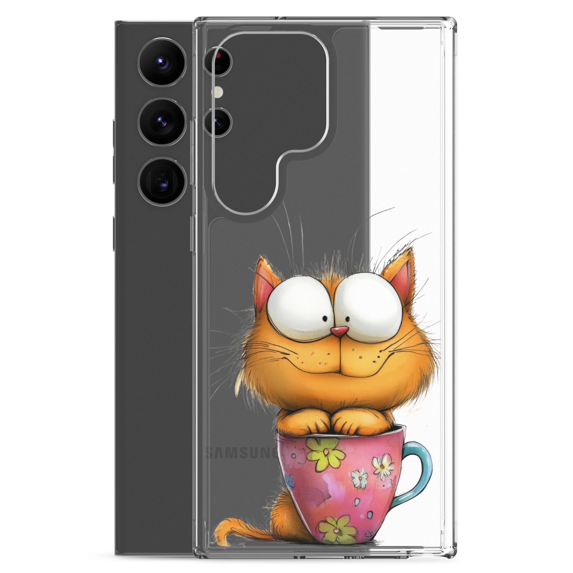 Cute Cat in a Cup Clear Case for Samsung Galaxy S23 Ultra – Playful Illustrated Protective Cover