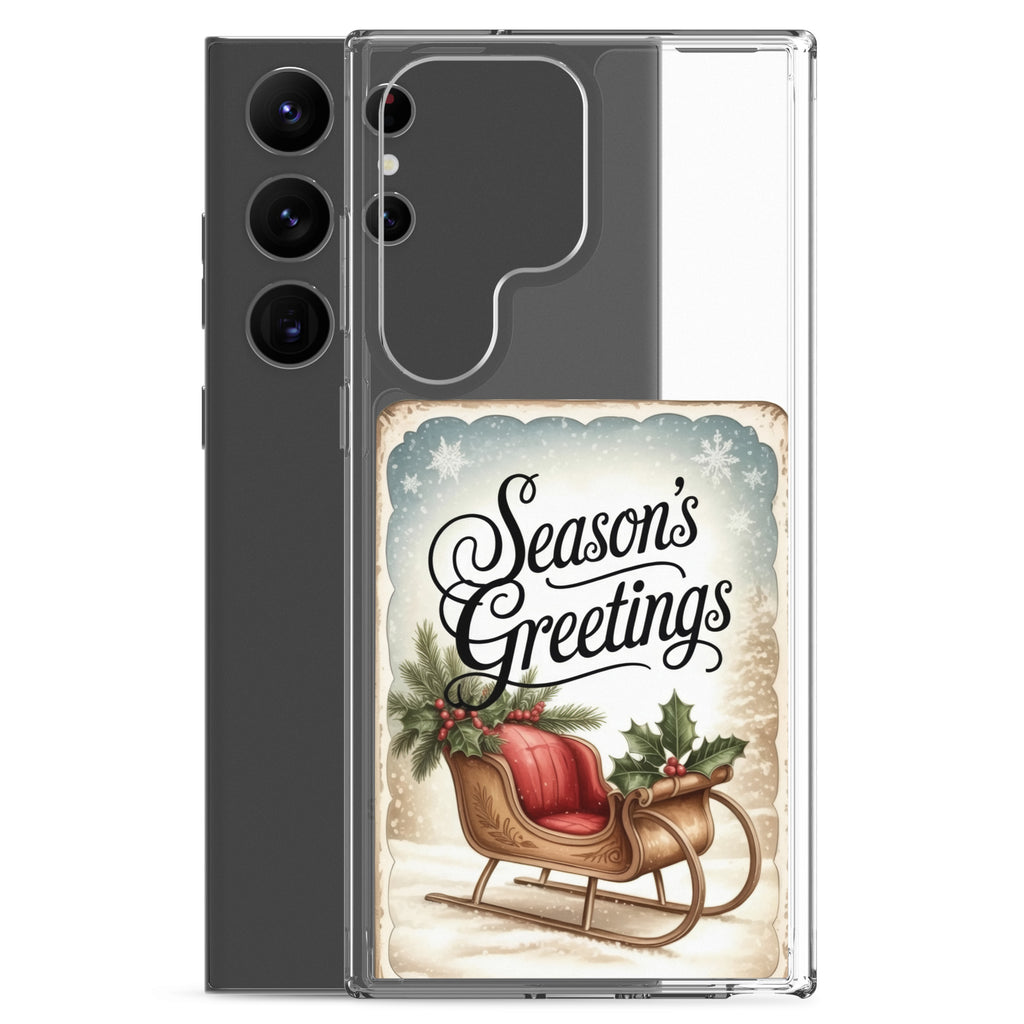 Season’s Greetings Sleigh Clear Case for Samsung Galaxy S23 Ultra – Vintage Christmas Protective Cover