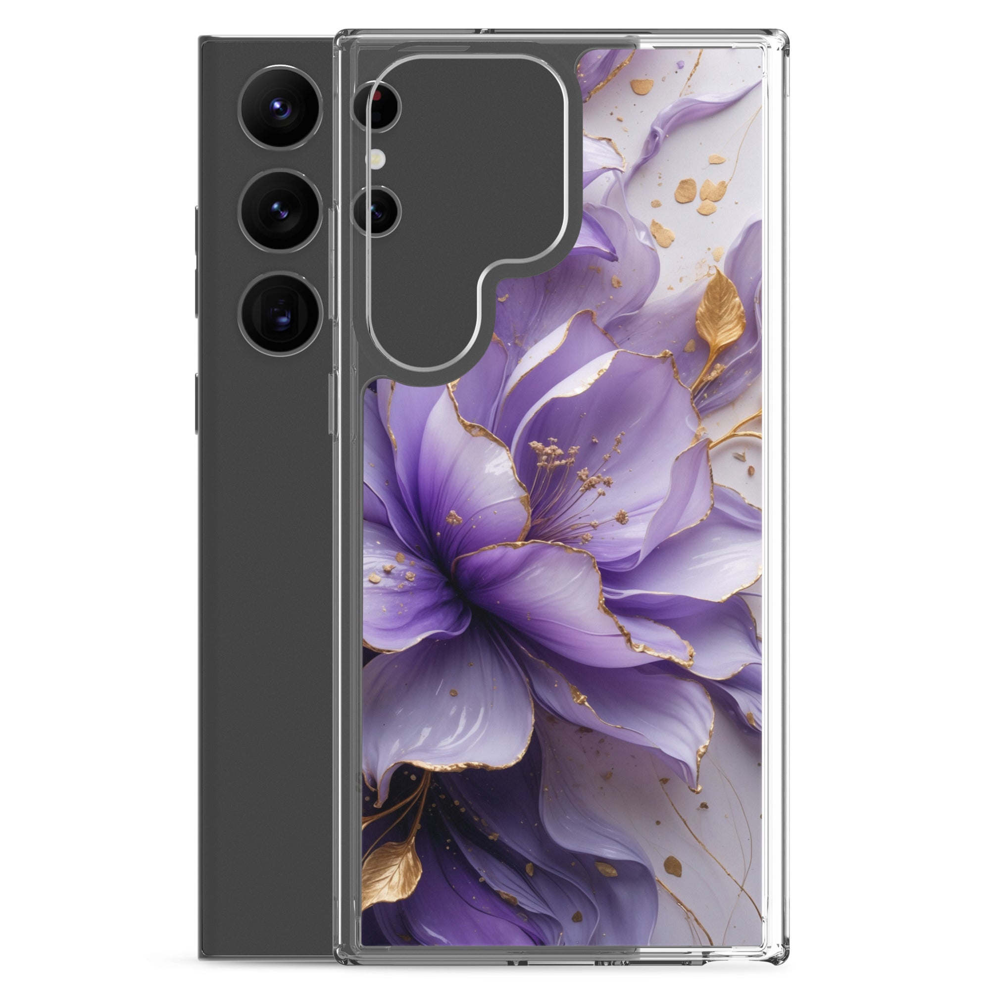 Purple Floral Gold Clear Case for Samsung Galaxy S23 Ultra – Elegant Flower Protective Cover