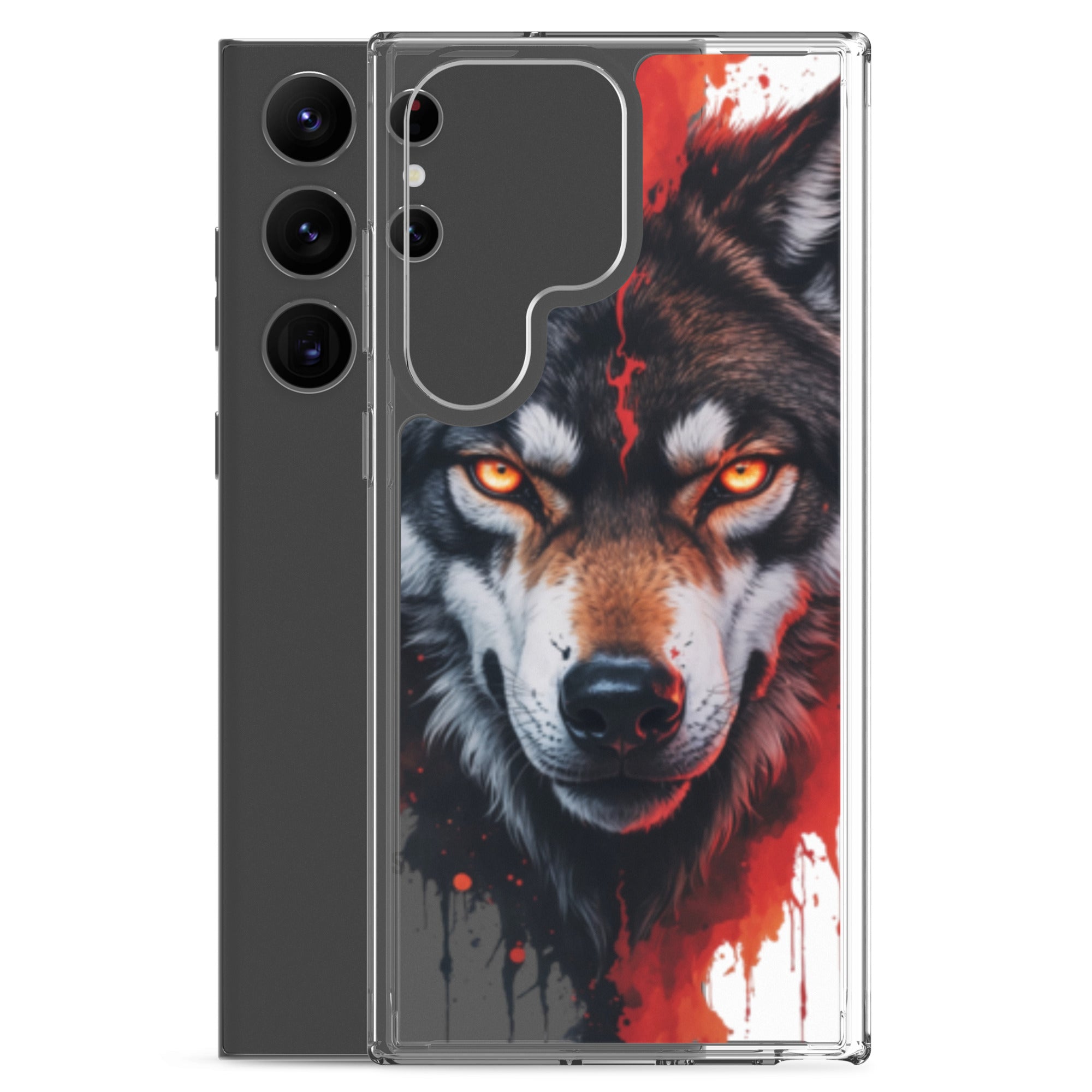 Fierce Wolf Portrait Clear Case for Samsung Galaxy S23 Ultra – Dark Animal Art Protective Cover