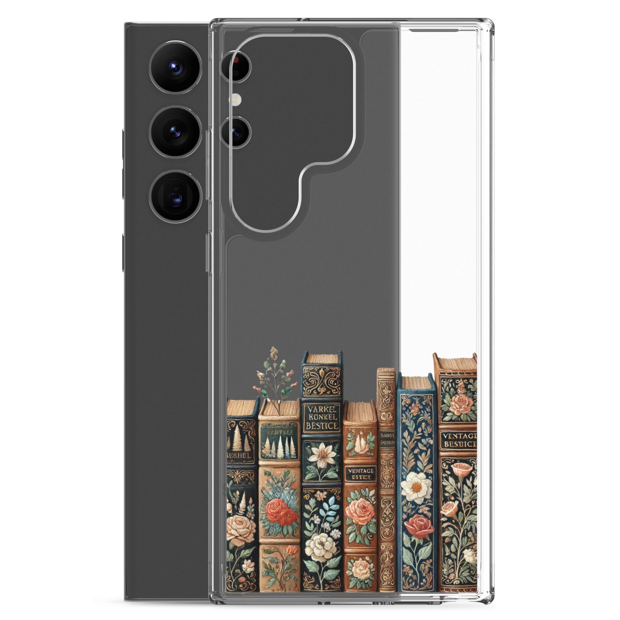 Vintage Floral Books Clear Case for Samsung Galaxy S23 Ultra – Elegant Library-Inspired Protective Cover