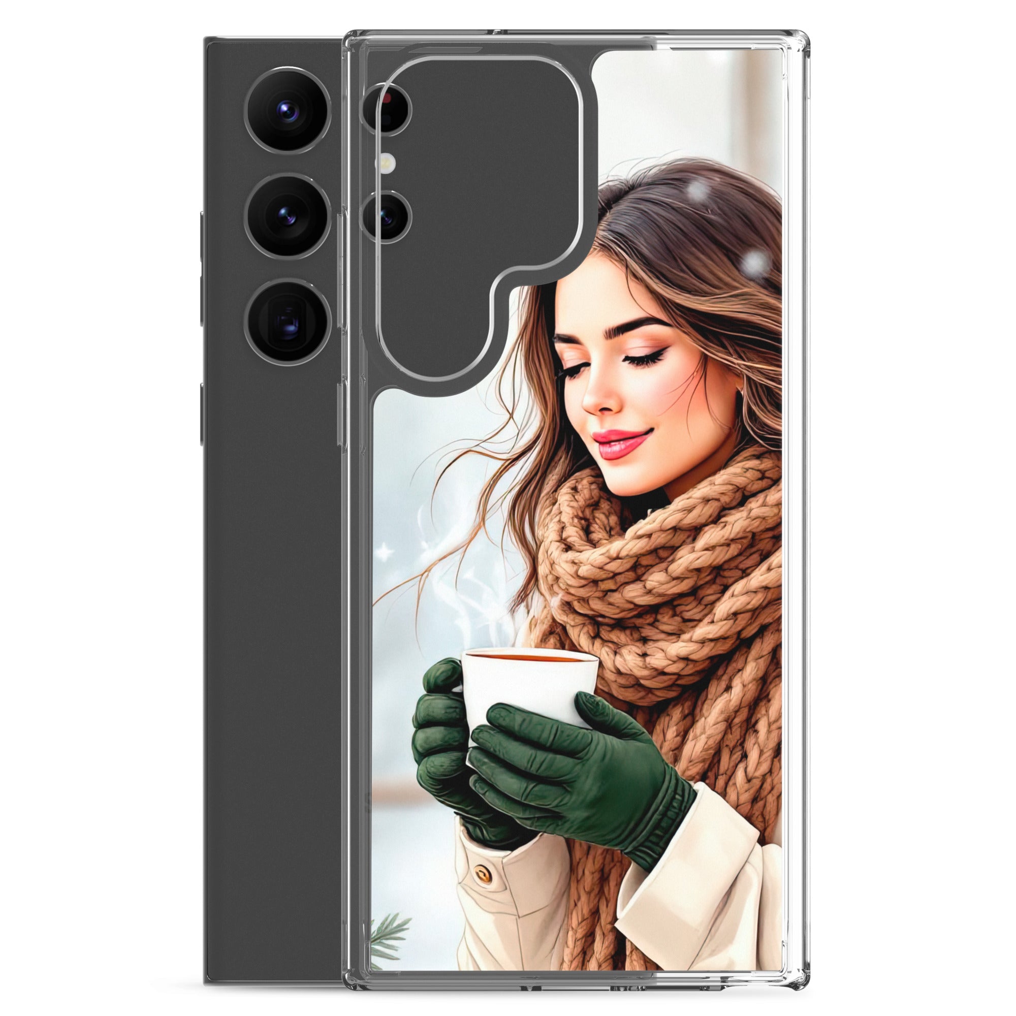 Winter Coffee Moment Clear Case for Samsung Galaxy S23 Ultra – Cozy Portrait Protective Cover