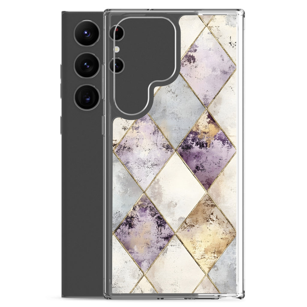 Golden Harlequin Damask Clear Case for Samsung Galaxy S23 Ultra – Elegant Geometric Gold Pattern Protective Cover