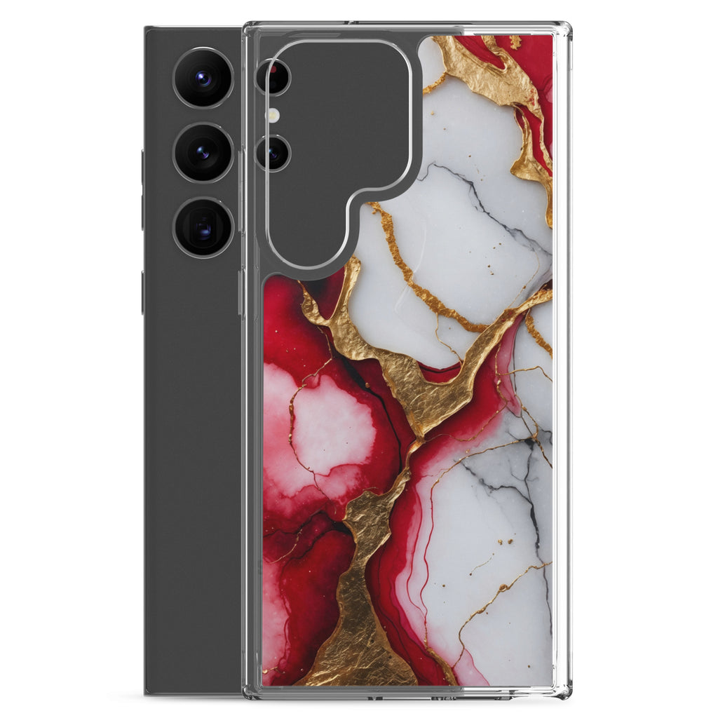 Red Marble Gold Veins Clear Case for Samsung Galaxy S23 Ultra – Luxury Abstract Protective Cover
