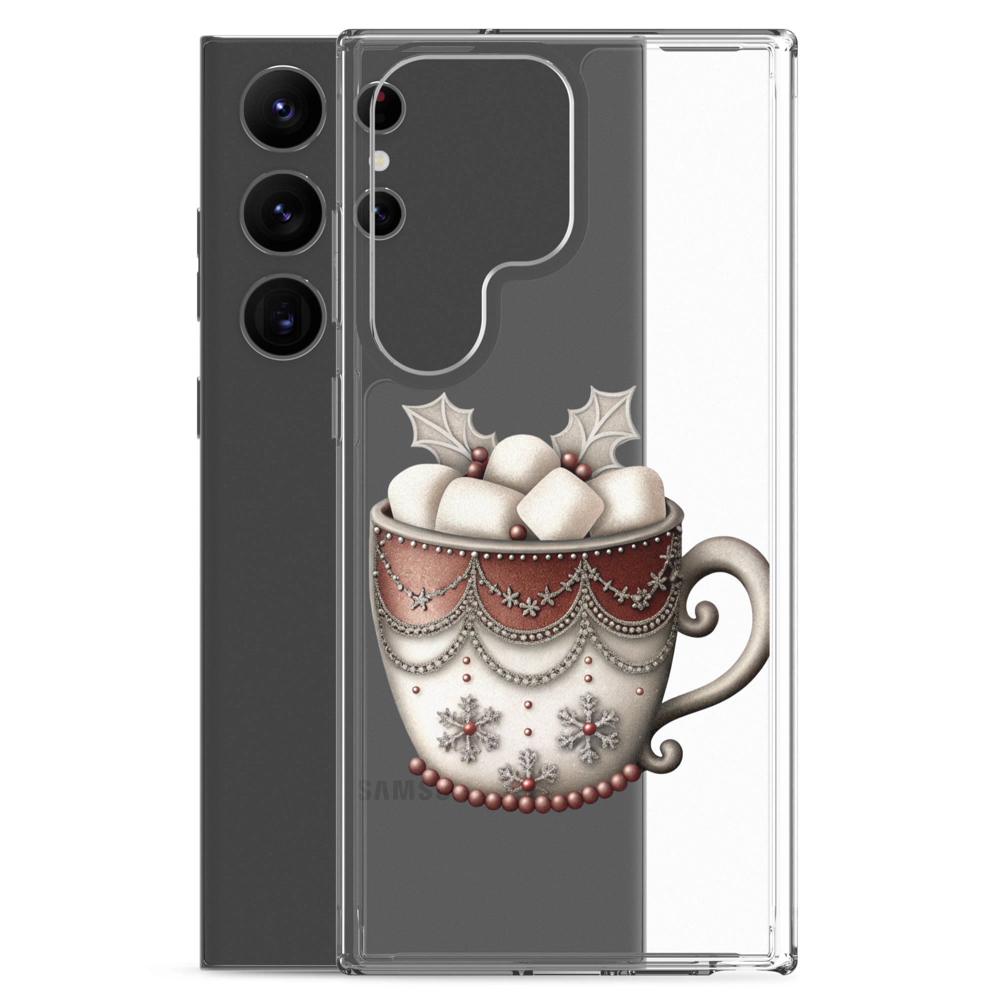 Festive Winter Mug Clear Case for Samsung Galaxy S23 Ultra – Cozy Holiday Hot Cocoa Protective Cover