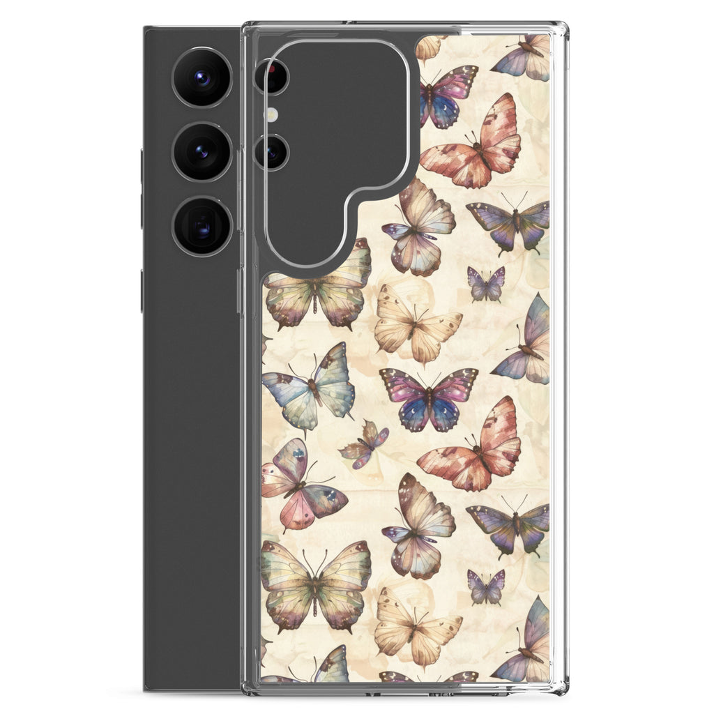 Vintage Butterfly Pattern Clear Case for Samsung Galaxy S23 Ultra – Soft Pastel Nature Protective Cover