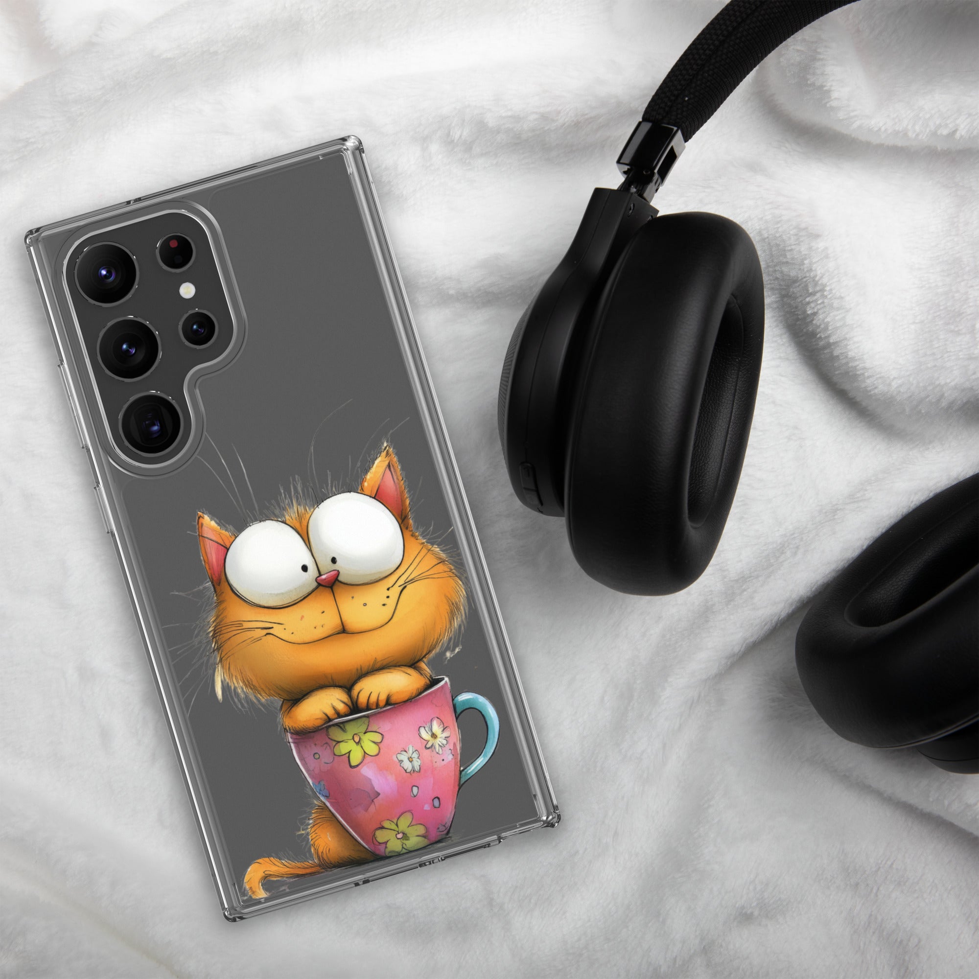 Cute Cat in a Cup Clear Case for Samsung Galaxy S23 Ultra – Playful Illustrated Protective Cover