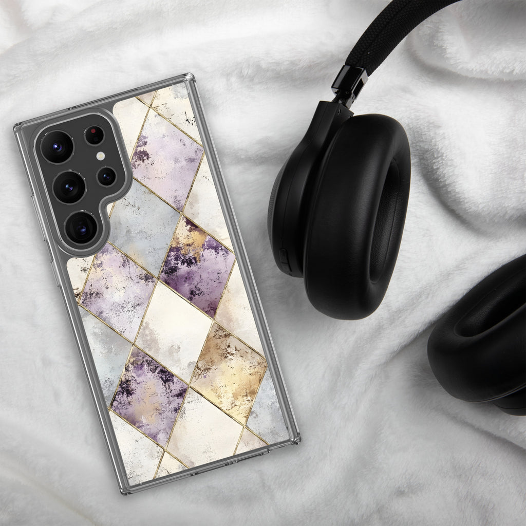 Golden Harlequin Damask Clear Case for Samsung Galaxy S23 Ultra – Elegant Geometric Gold Pattern Protective Cover