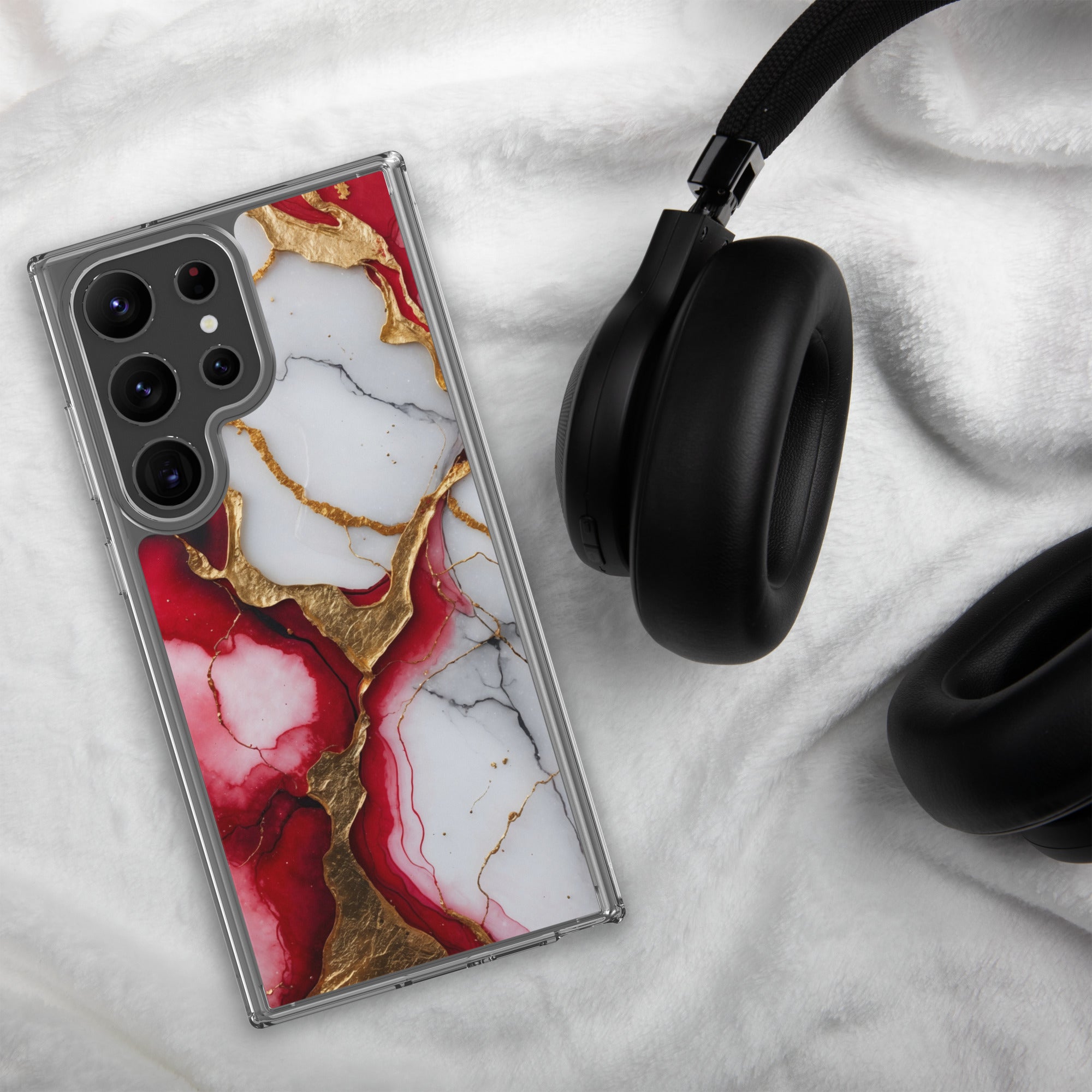 Red Marble Gold Veins Clear Case for Samsung Galaxy S23 Ultra – Luxury Abstract Protective Cover
