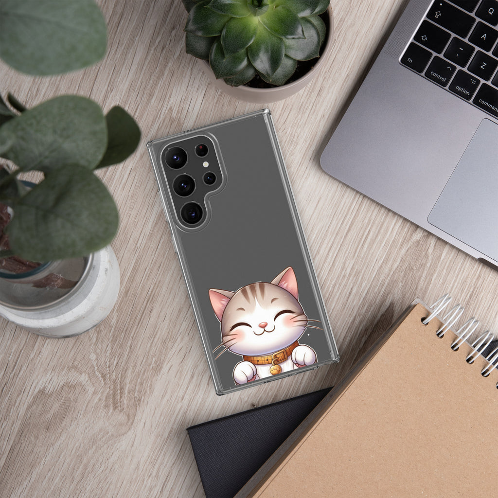 Cute Smiling Cat Clear Case for Samsung Galaxy S23 Ultra – Minimal Kawaii Protective Cover