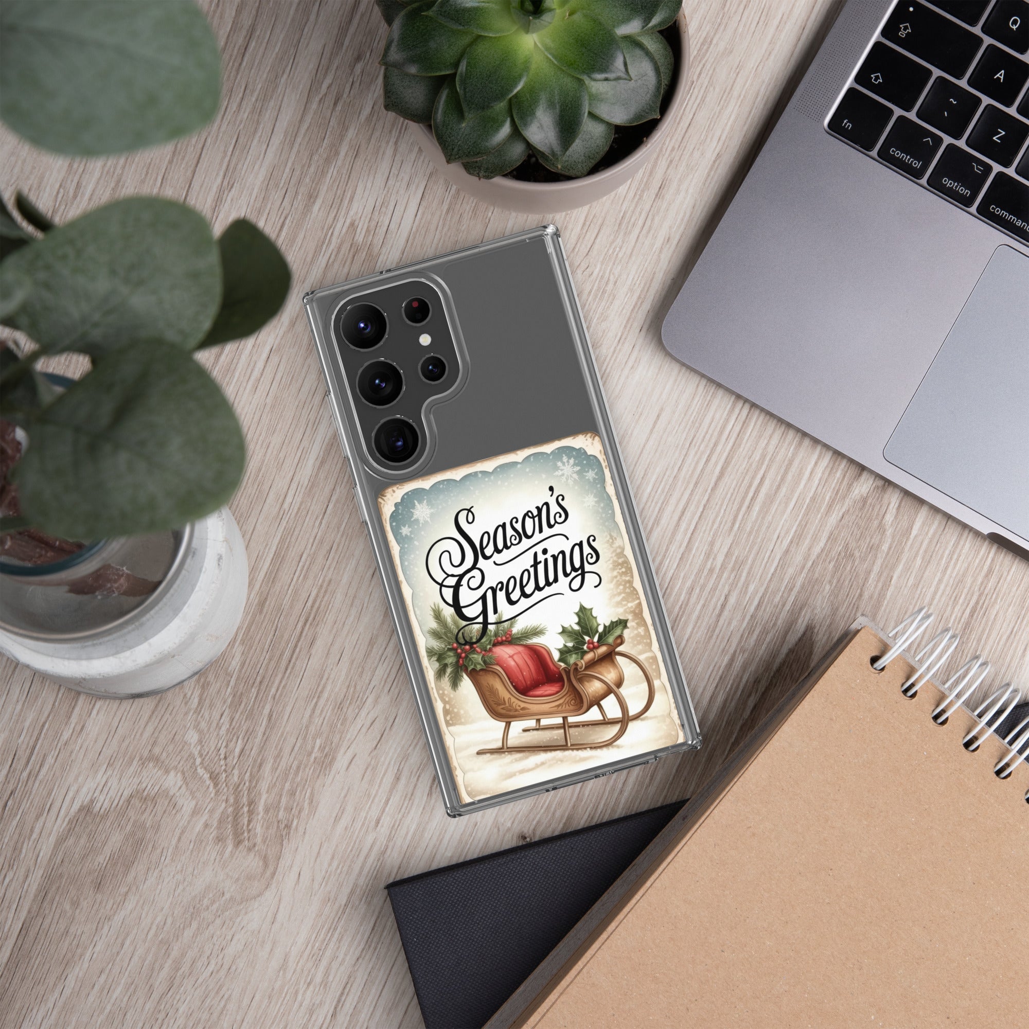 Season’s Greetings Sleigh Clear Case for Samsung Galaxy S23 Ultra – Vintage Christmas Protective Cover