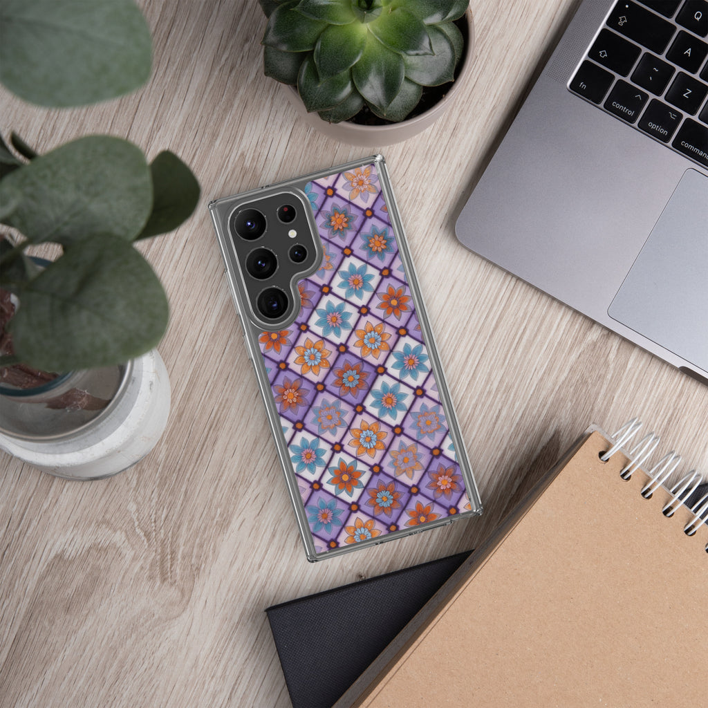 Geometric Floral Pattern Clear Case for Samsung Galaxy S23 Ultra – Colorful Mosaic Protective Cover