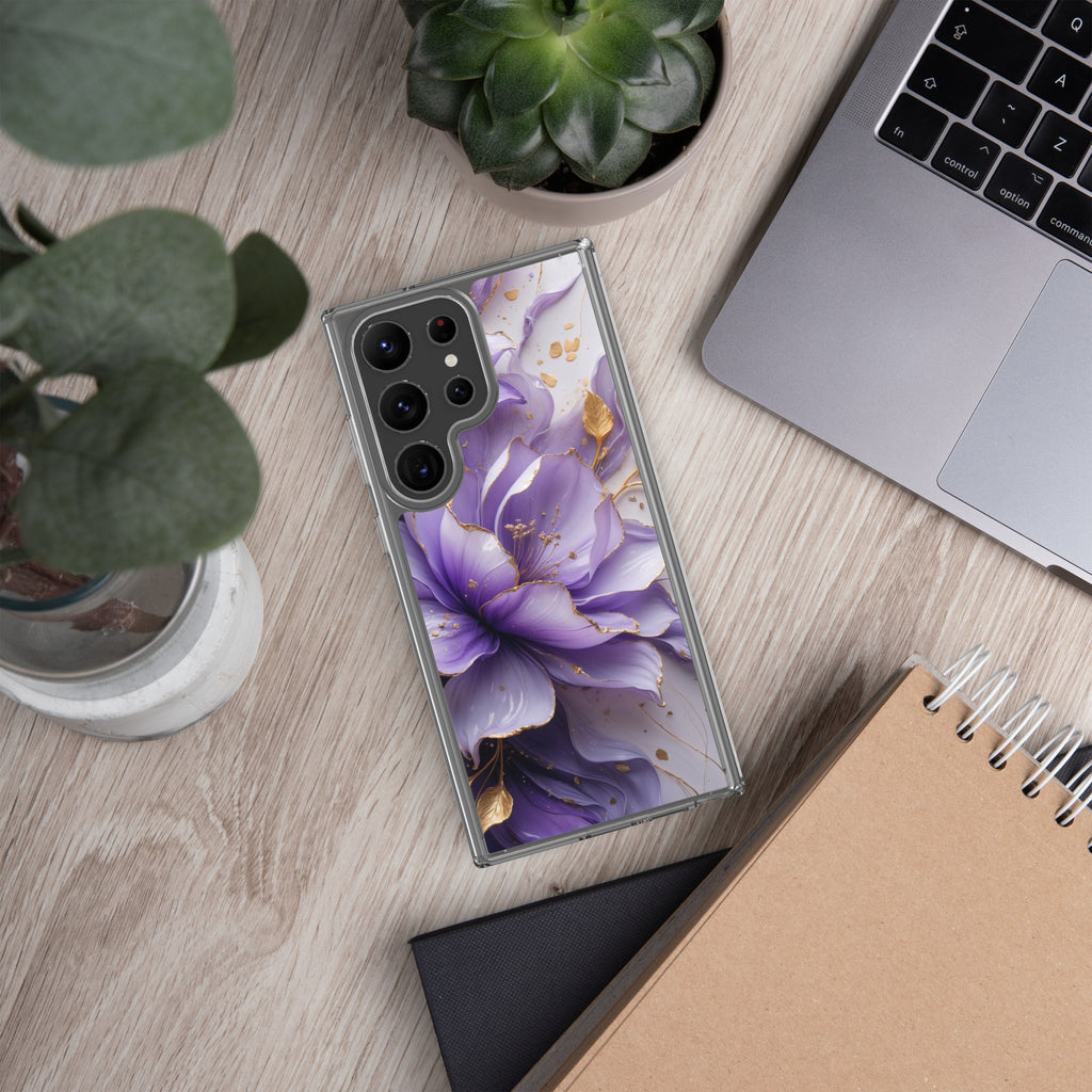 Purple Floral Gold Clear Case for Samsung Galaxy S23 Ultra – Elegant Flower Protective Cover