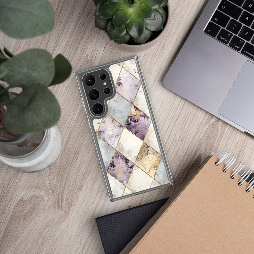 Golden Harlequin Damask Clear Case for Samsung Galaxy S23 Ultra – Elegant Geometric Gold Pattern Protective Cover