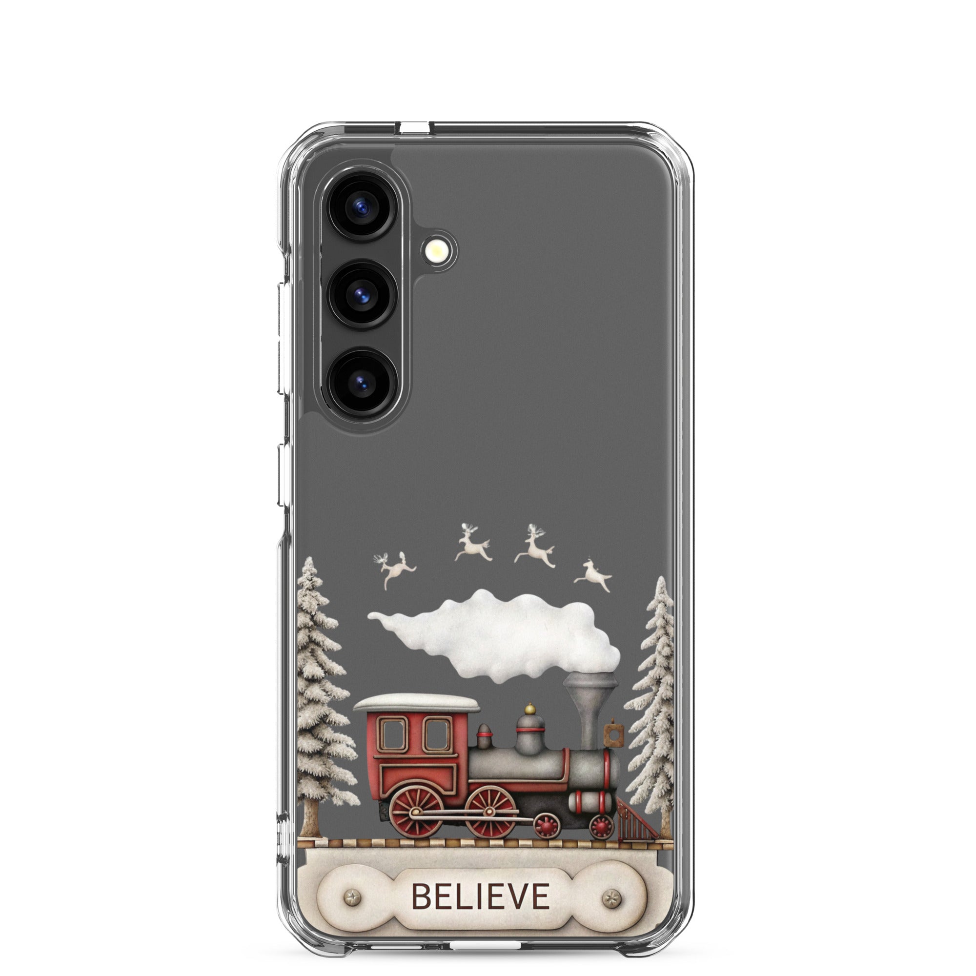 Believe Winter Train Clear Case for Samsung Galaxy S24 – Minimal Christmas Protective Cover