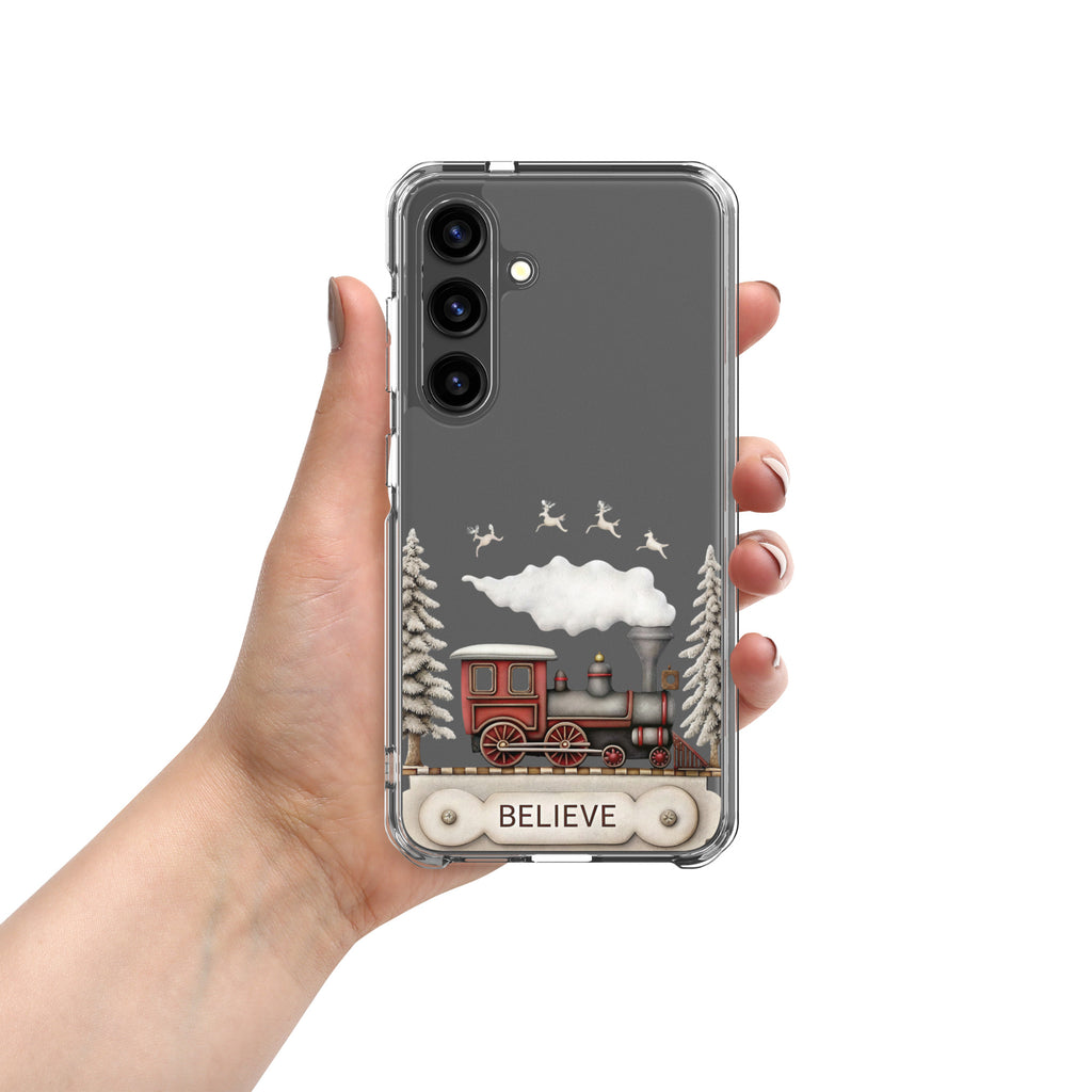 Believe Winter Train Clear Case for Samsung Galaxy S24 – Minimal Christmas Protective Cover