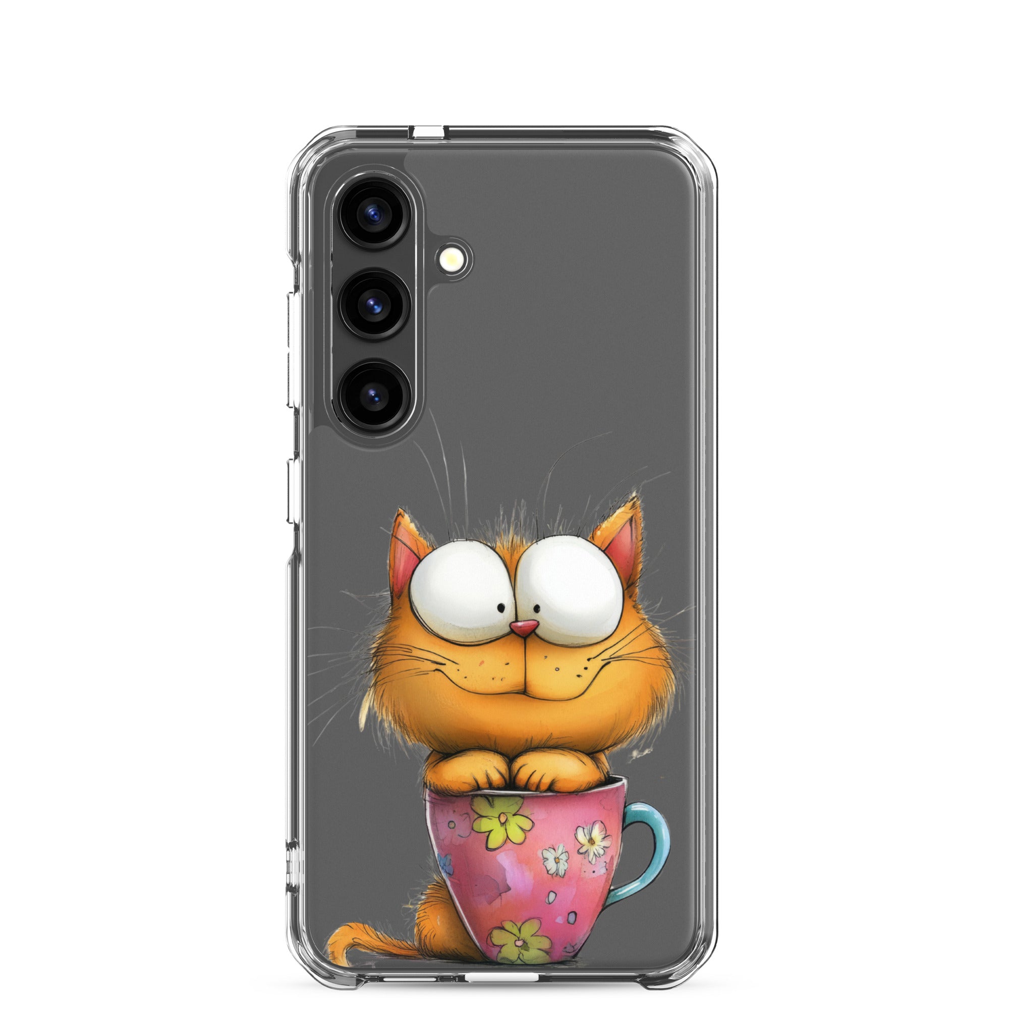 Cute Cat in a Cup Clear Case for Samsung Galaxy S24 – Playful Illustrated Protective Cover