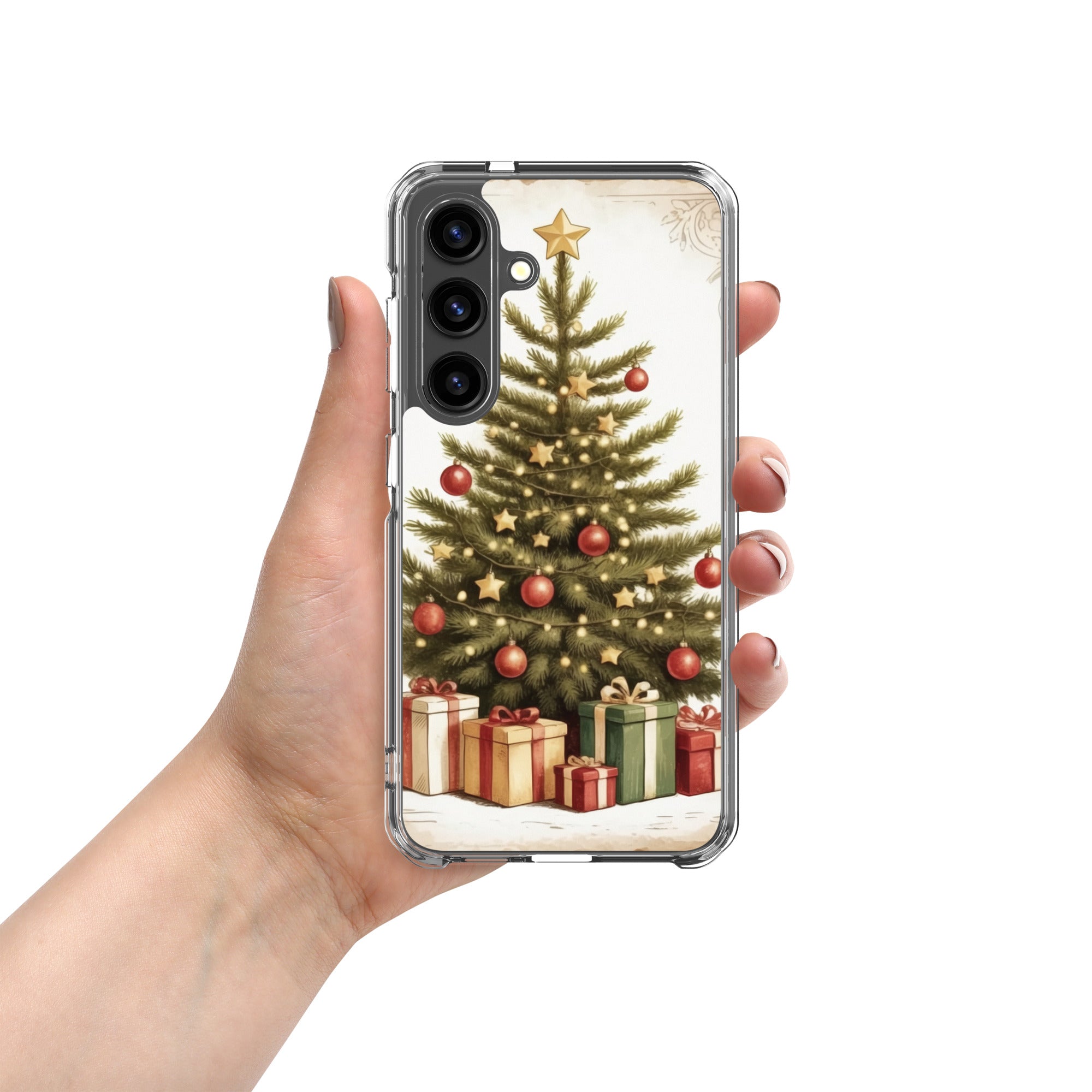 Christmas Tree with Gifts Clear Case for Samsung Galaxy S24 – Festive Holiday Protective Cover