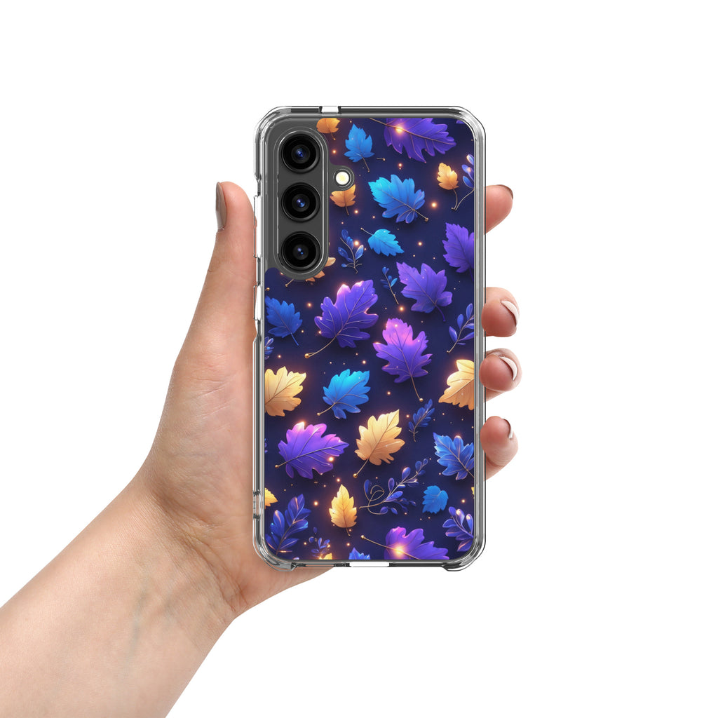 Glowing Autumn Leaves Clear Case for Samsung Galaxy S24 – Colorful Night Nature Protective Cover