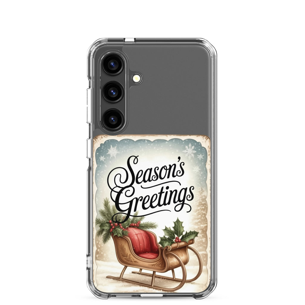 Season’s Greetings Sleigh Clear Case for Samsung Galaxy S24 – Vintage Christmas Protective Cover