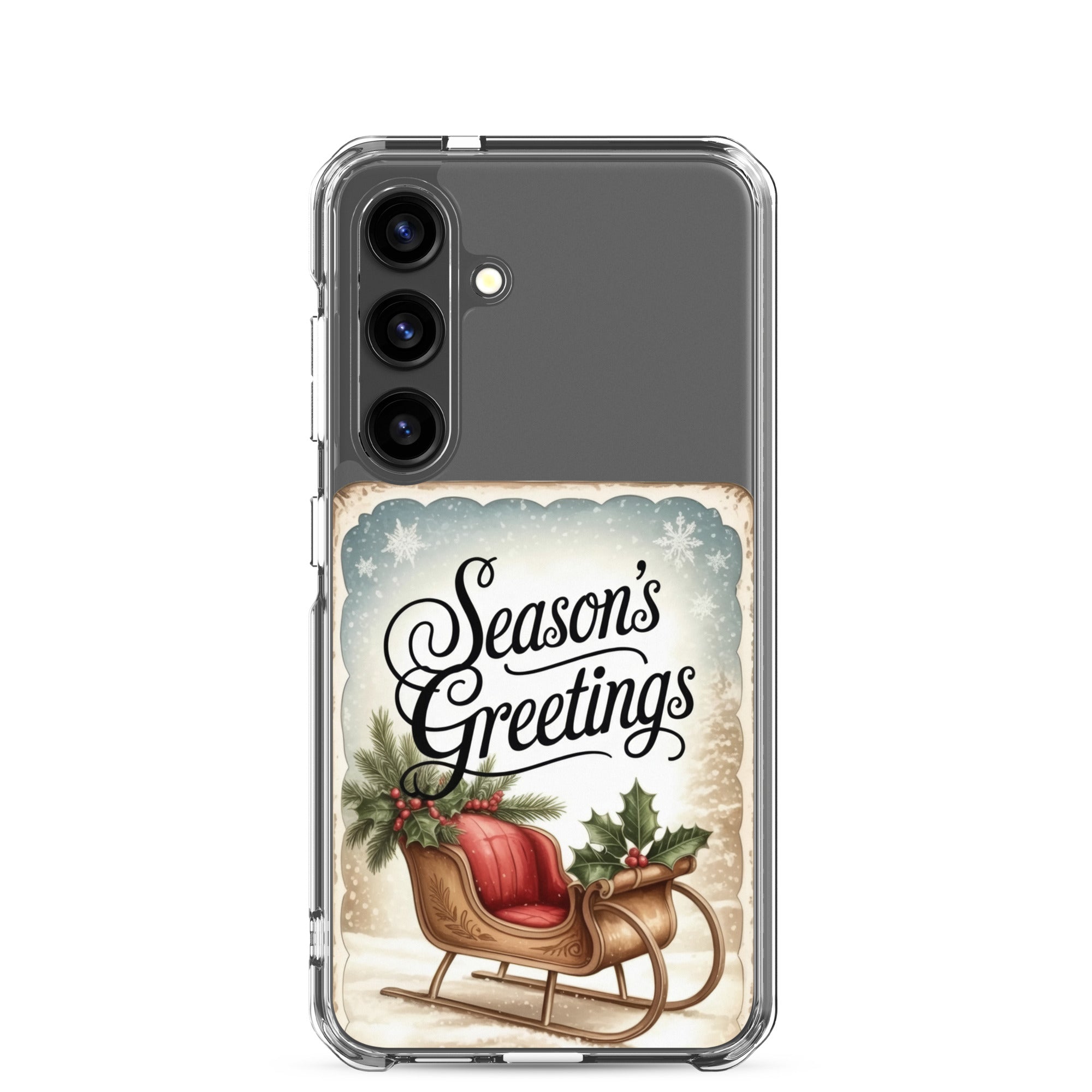 Season’s Greetings Sleigh Clear Case for Samsung Galaxy S24 – Vintage Christmas Protective Cover