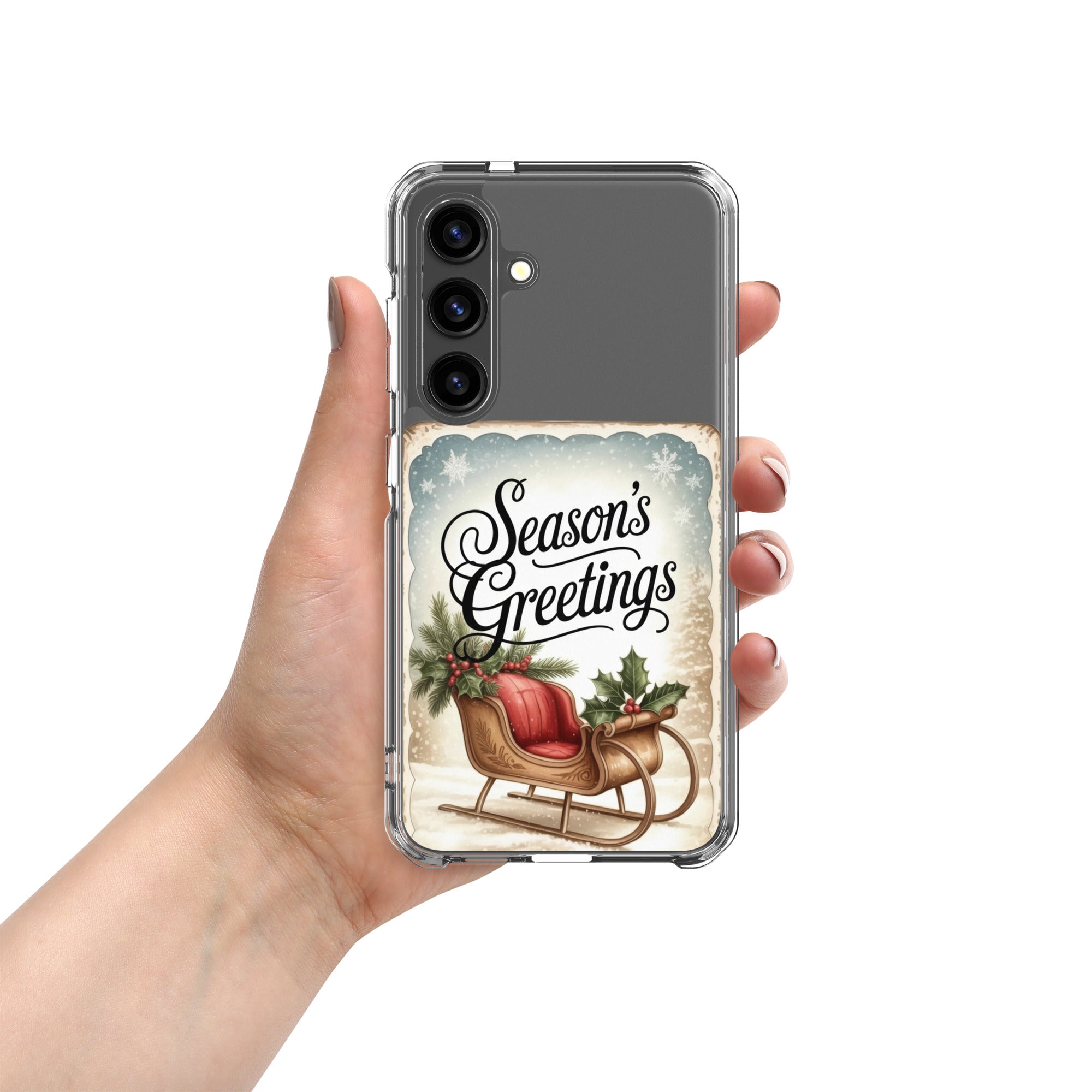 Season’s Greetings Sleigh Clear Case for Samsung Galaxy S24 – Vintage Christmas Protective Cover
