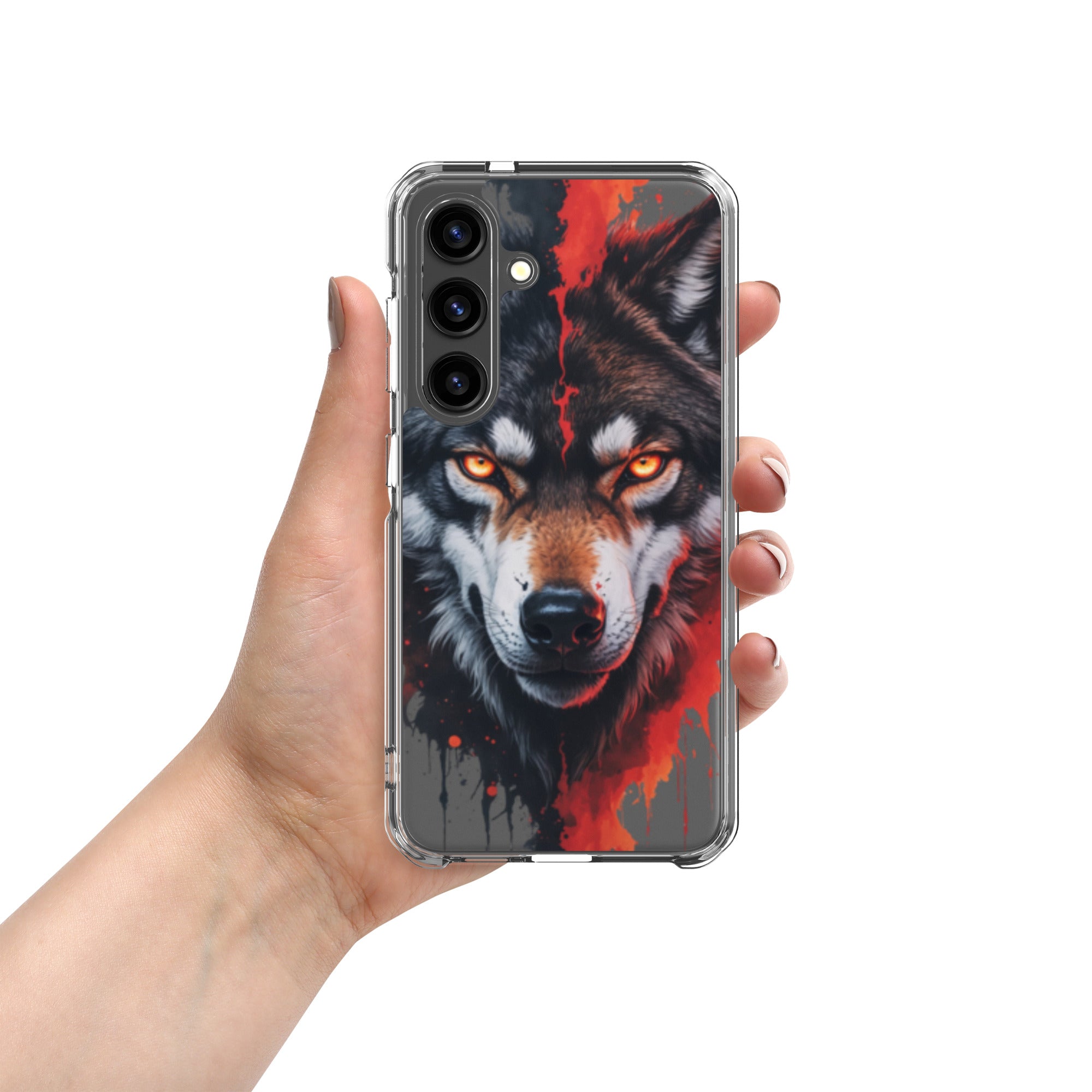 Fierce Wolf Portrait Clear Case for Samsung Galaxy S24 – Dark Animal Art Protective Cover