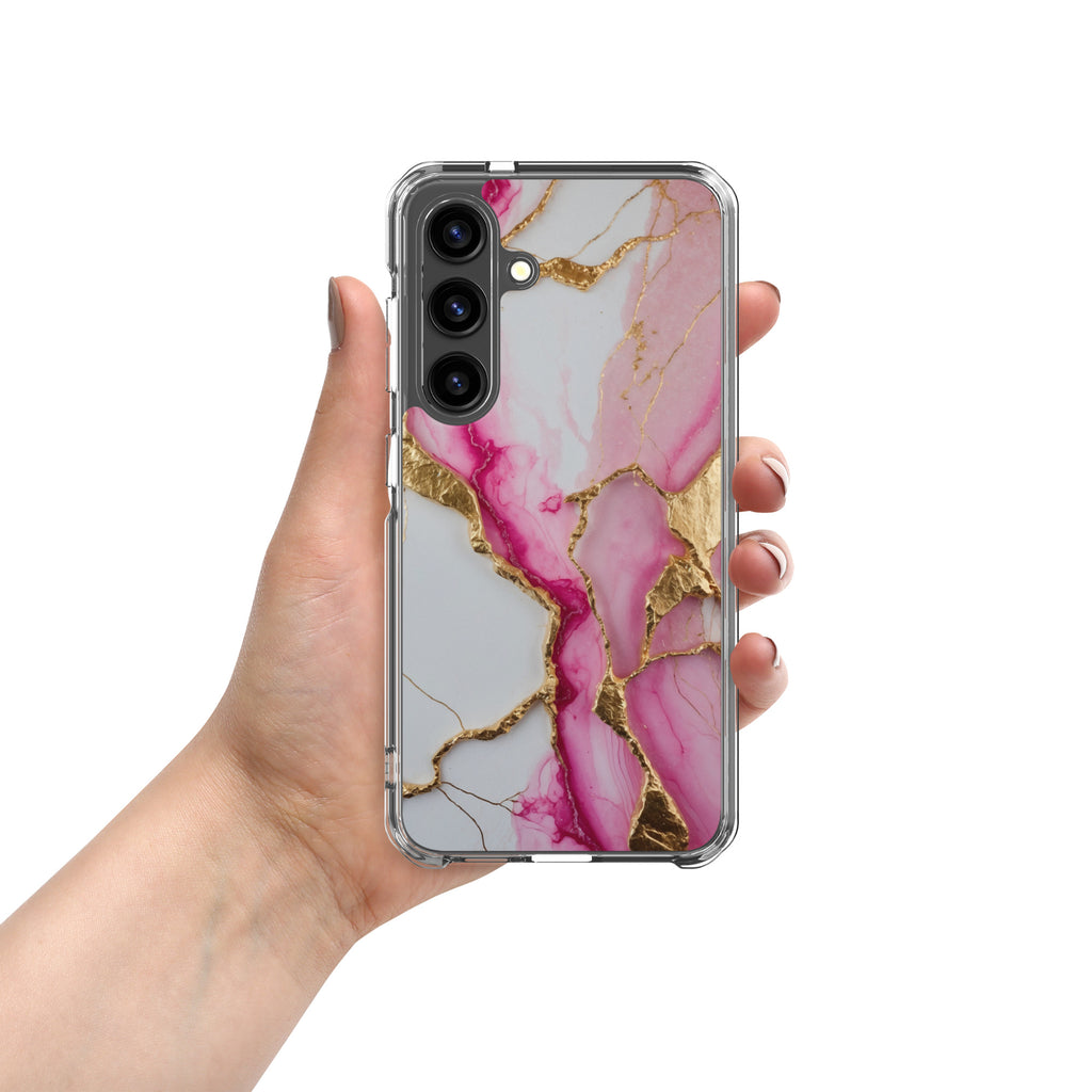 Pink Marble Gold Veins Clear Case for Samsung Galaxy S24 – Elegant Stone Protective Cover
