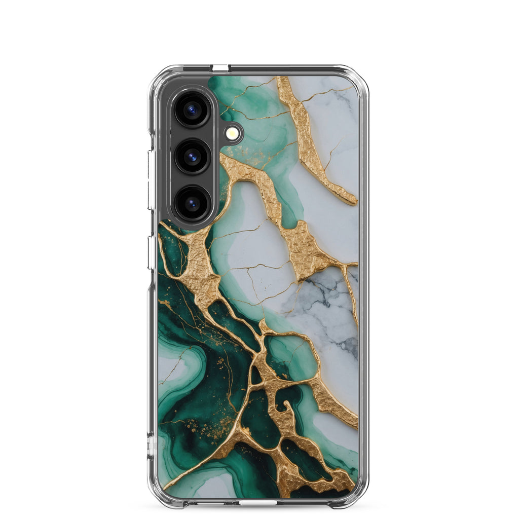 Emerald Green Marble Gold Veins Clear Case for Samsung Galaxy S24 – Luxury Stone Protective Cover