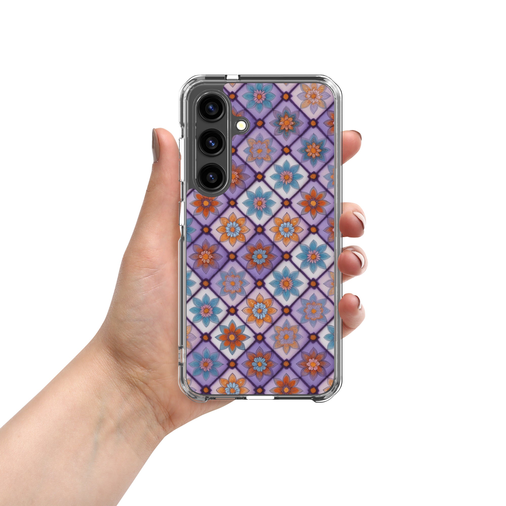 Geometric Floral Pattern Clear Case for Samsung Galaxy S24 – Colorful Mosaic Protective Cover