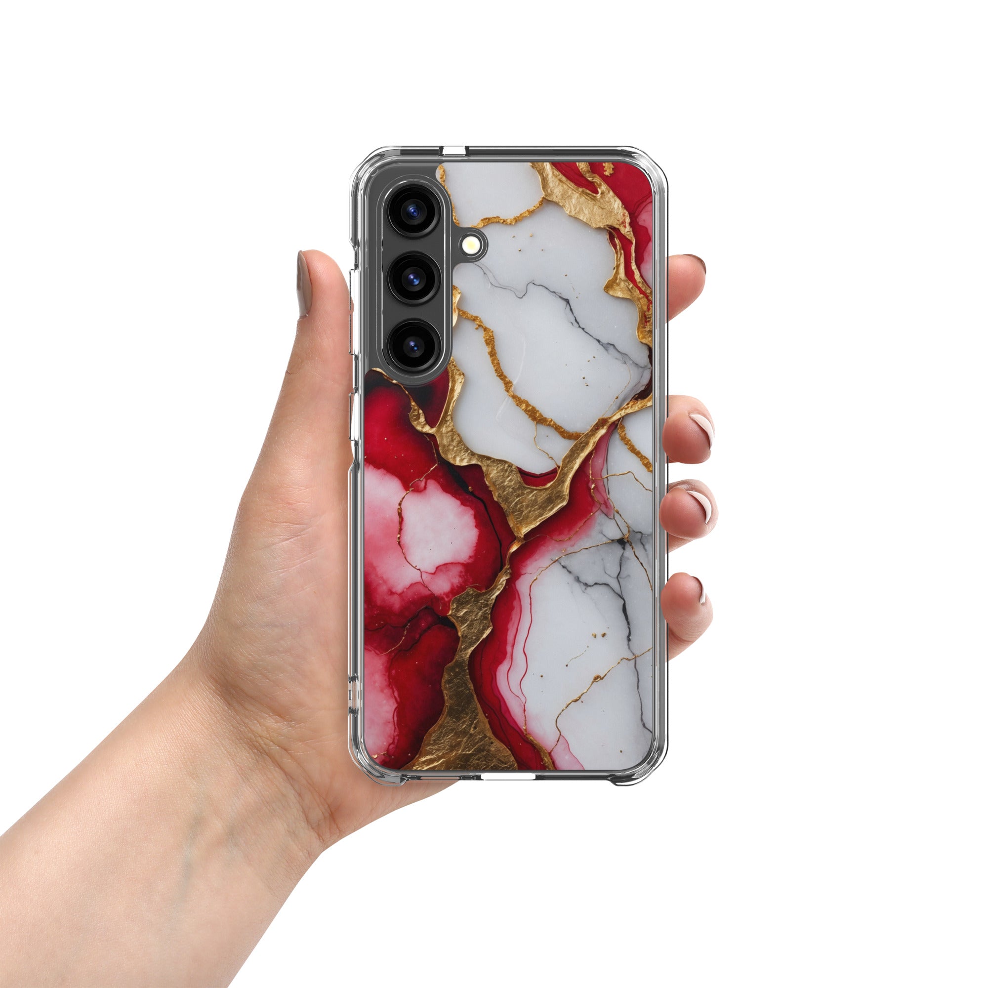 Red Marble Gold Veins Clear Case for Samsung Galaxy S24 – Luxury Abstract Protective Cover