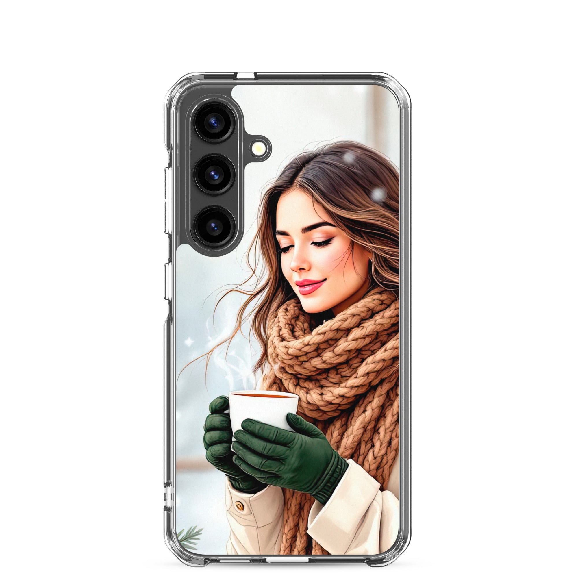Winter Coffee Moment Clear Case for Samsung Galaxy S24 – Cozy Portrait Protective Cover