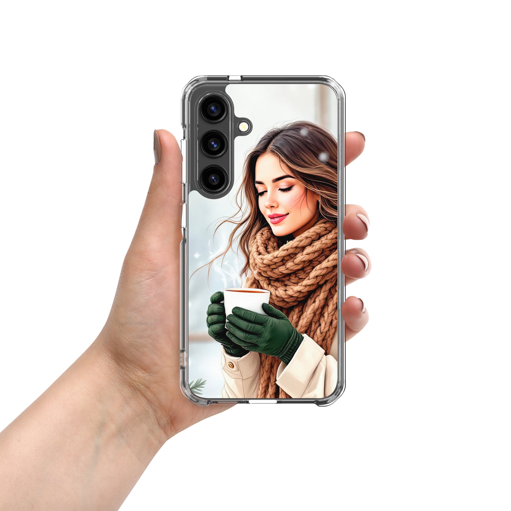 Winter Coffee Moment Clear Case for Samsung Galaxy S24 – Cozy Portrait Protective Cover