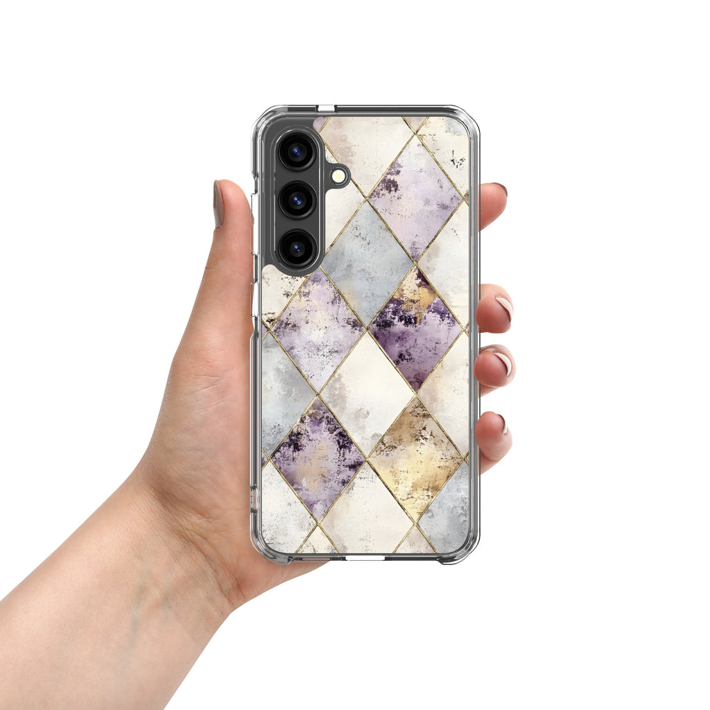 Golden Harlequin Damask Clear Case for Samsung Galaxy S24 – Elegant Geometric Gold Pattern Protective Cover